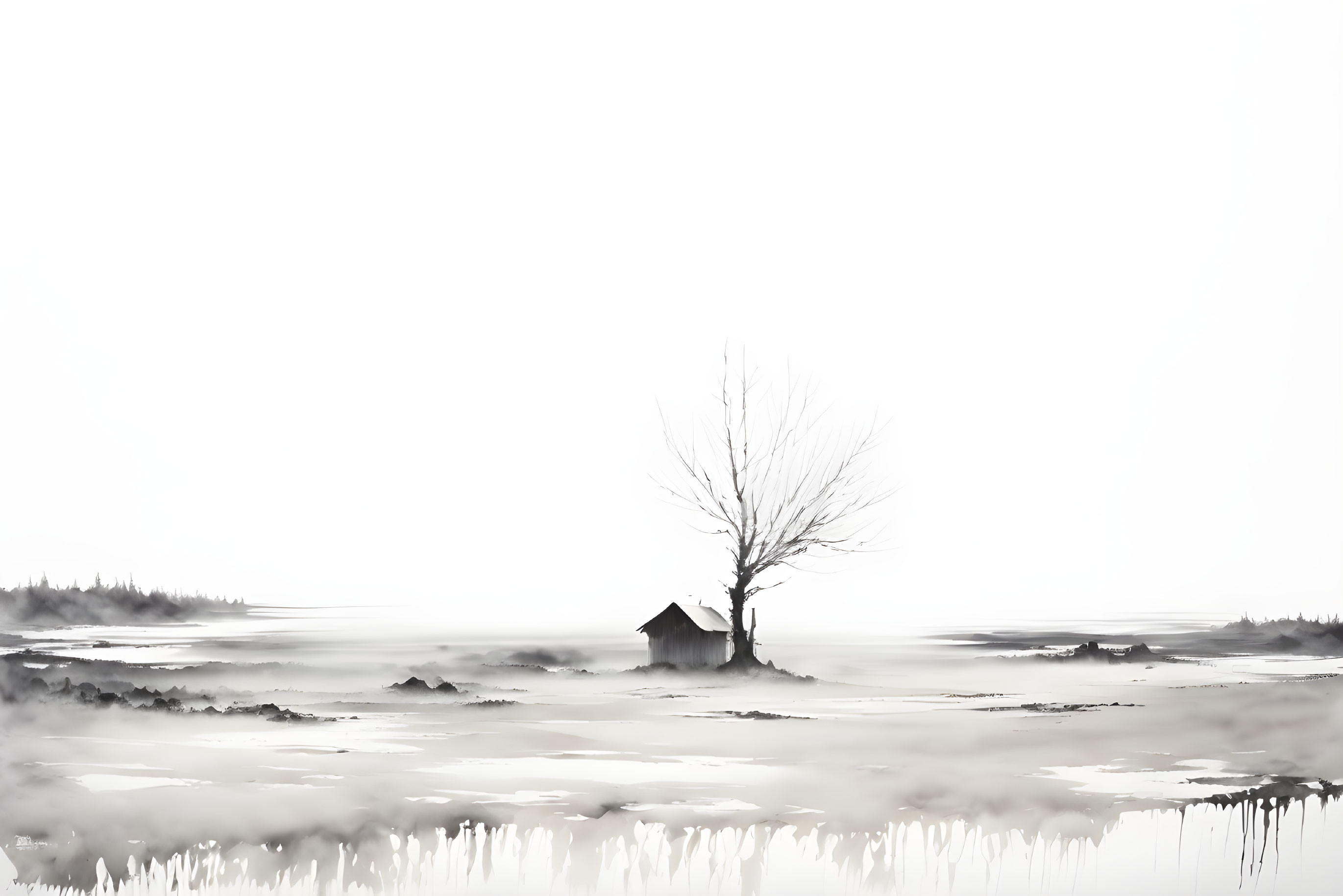 Monochrome minimalist art: solitary house and tree in misty landscape