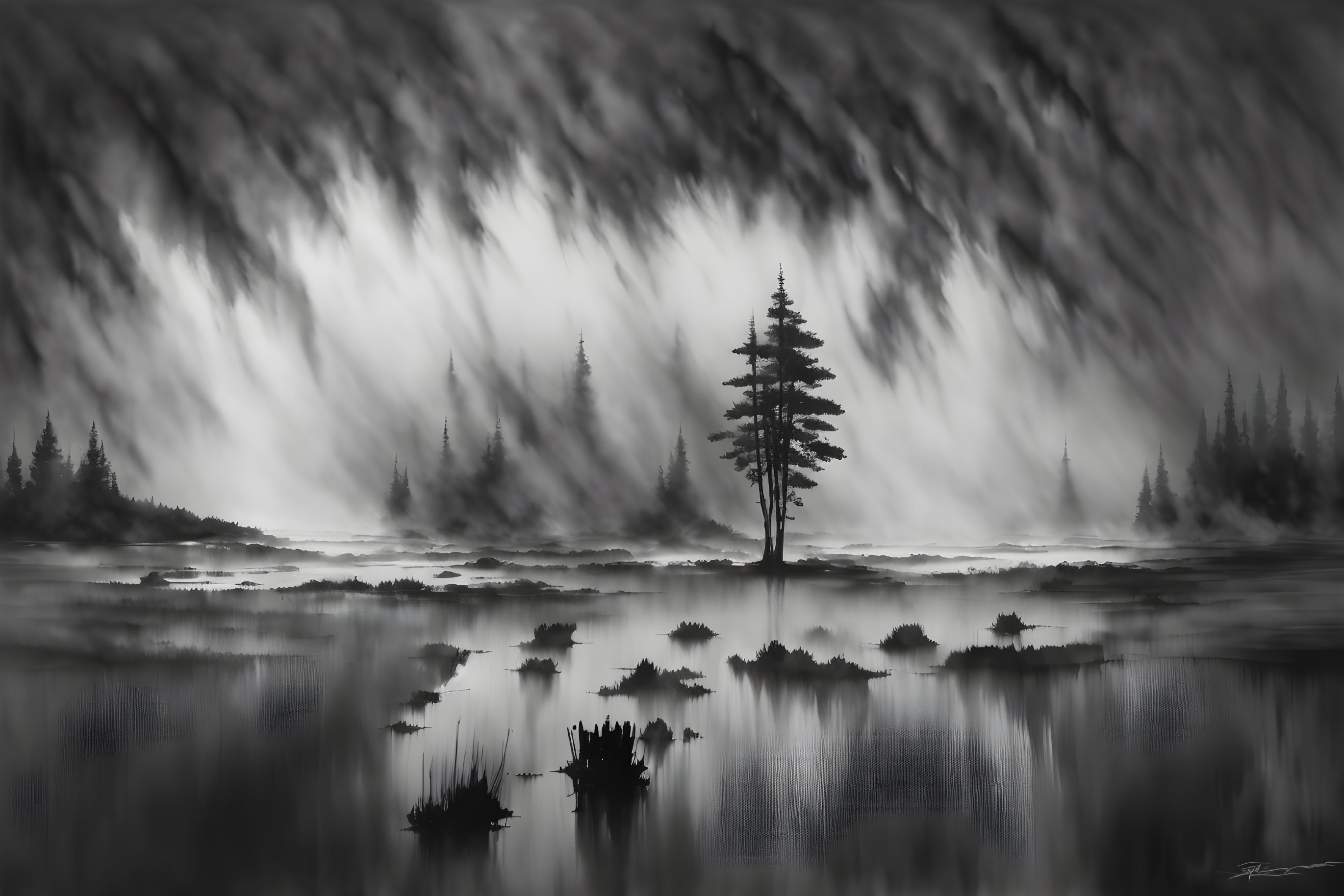 Monochrome painting of lone tree in misty waters with dramatic sky