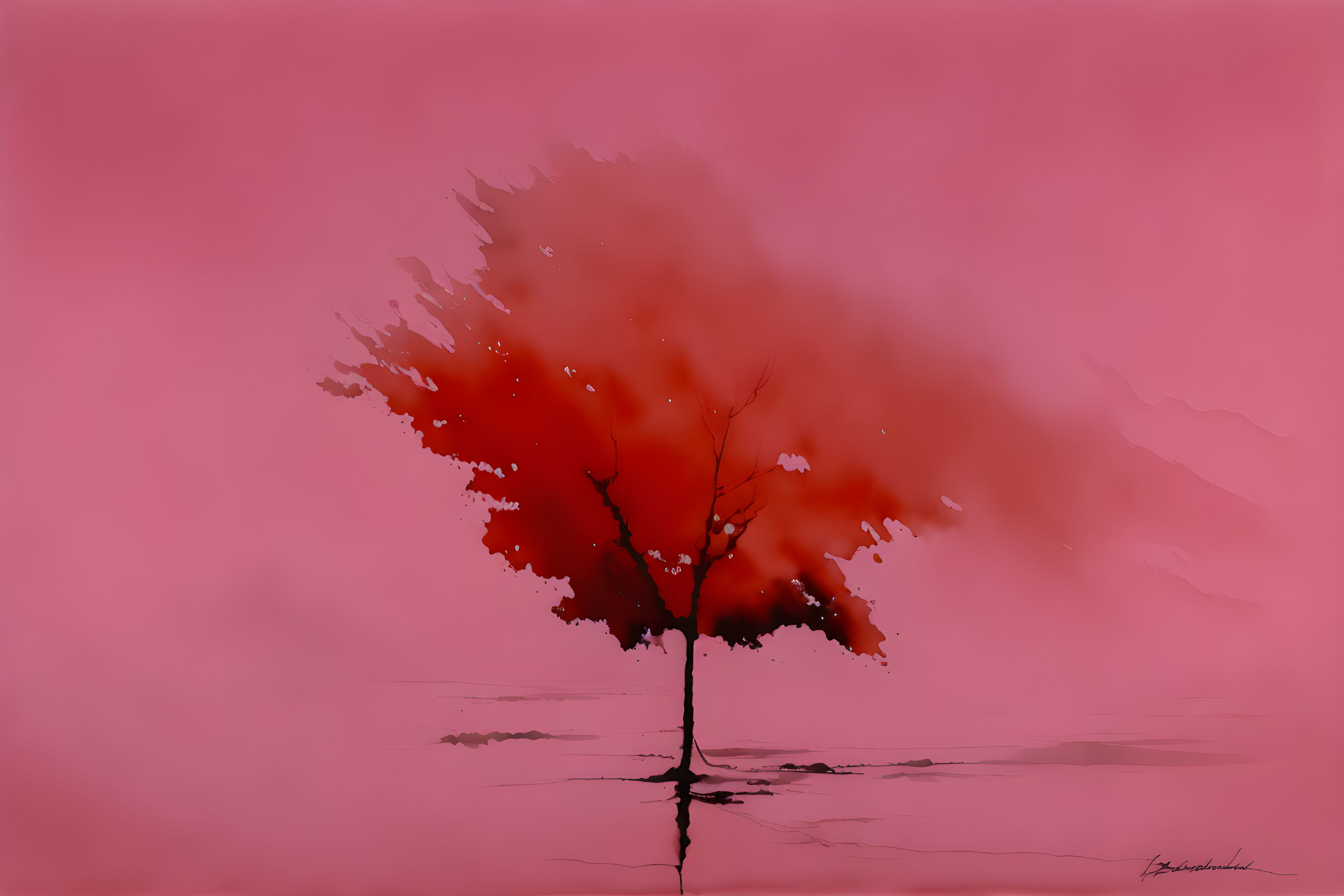 Vivid red foliage tree reflected on water against pink background