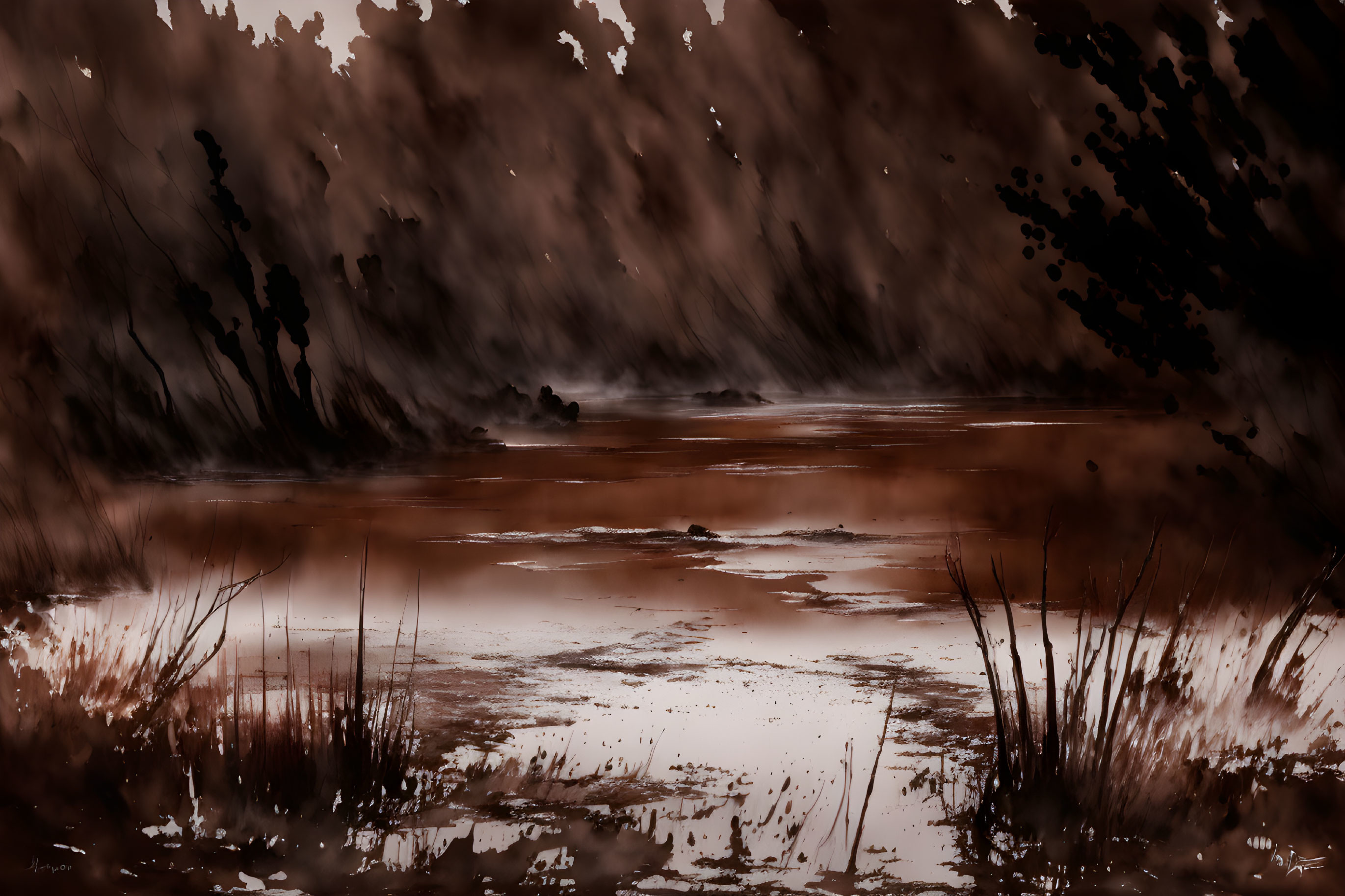 Monochromatic brown landscape of serene yet ominous forest with river under dark sky