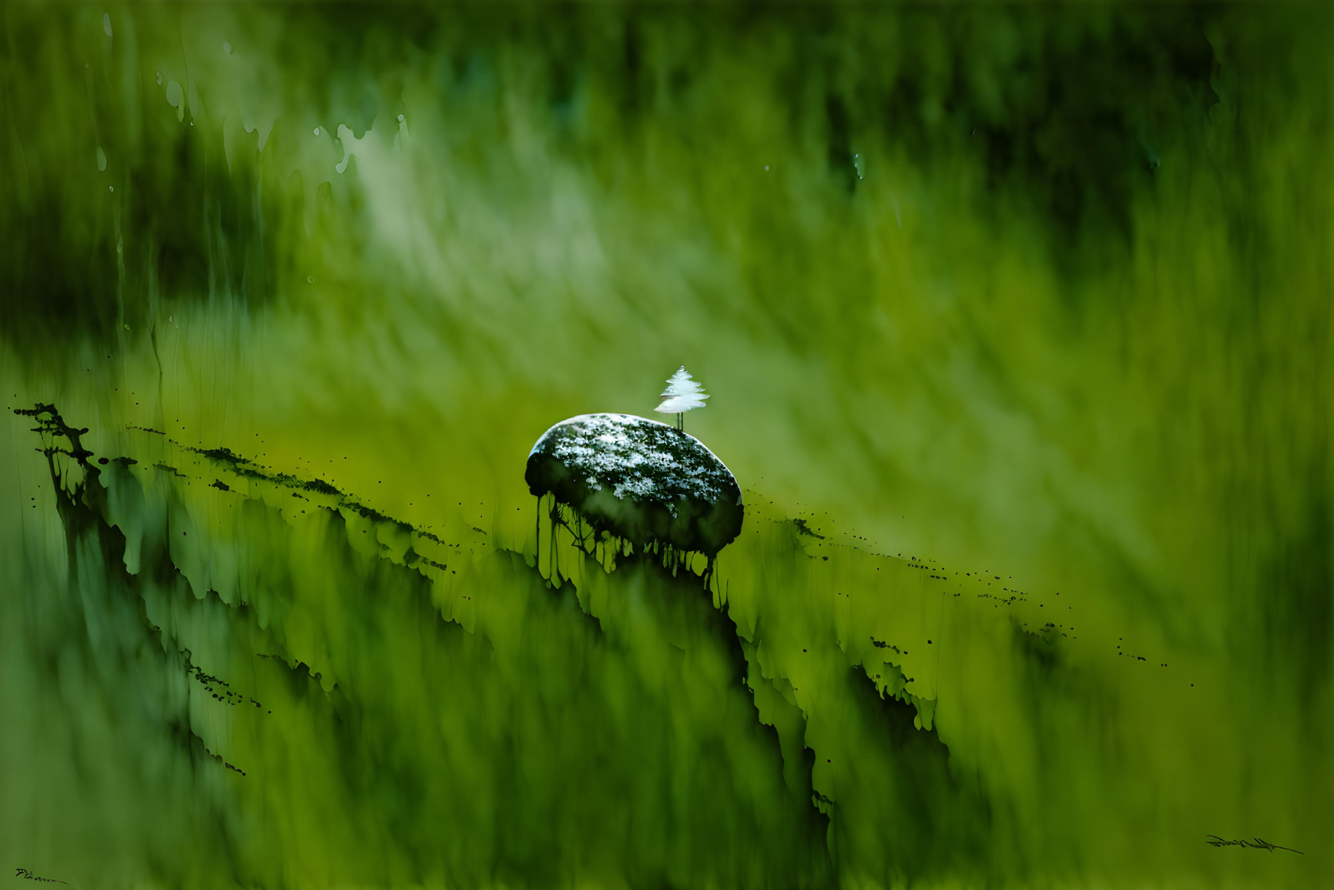 Solitary tree on mossy boulder in misty green forest