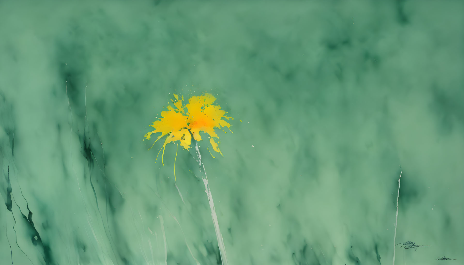 Vivid Yellow Paint Splash on Green Watercolor Background