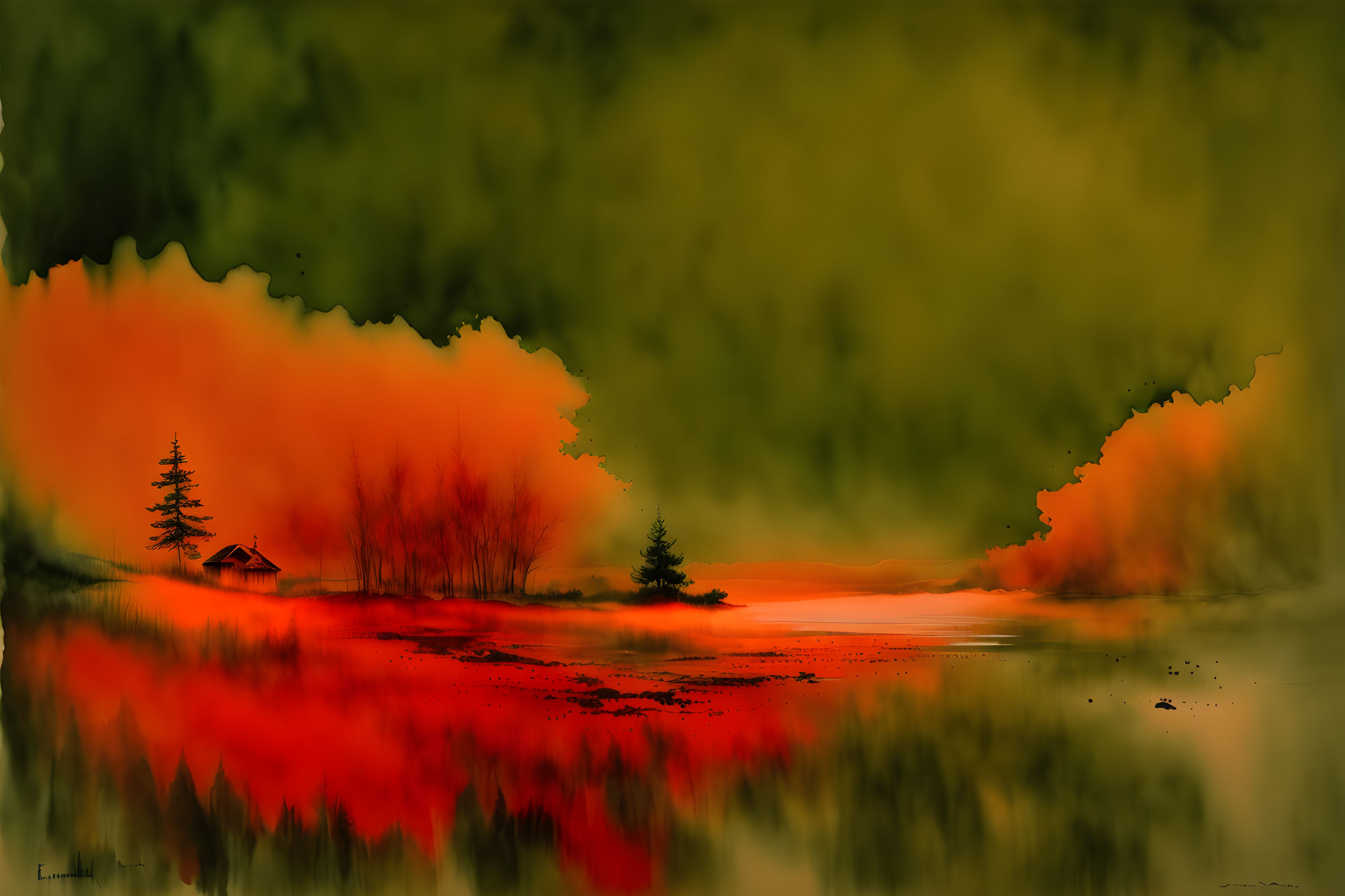 Digital artwork: Fiery red and orange landscape with trees, cabin, and water.