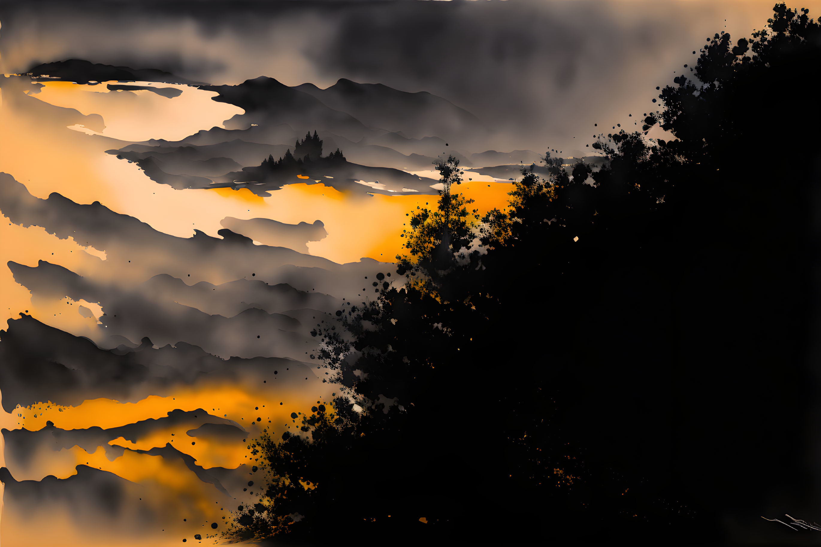 Misty mountain silhouettes at sunset with tree-lined foreground