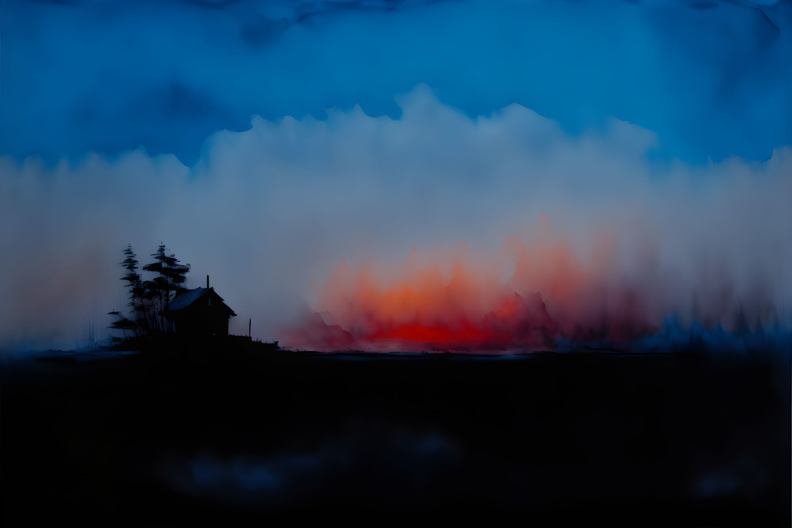 Silhouette of small house and trees against blue-red sunset gradient