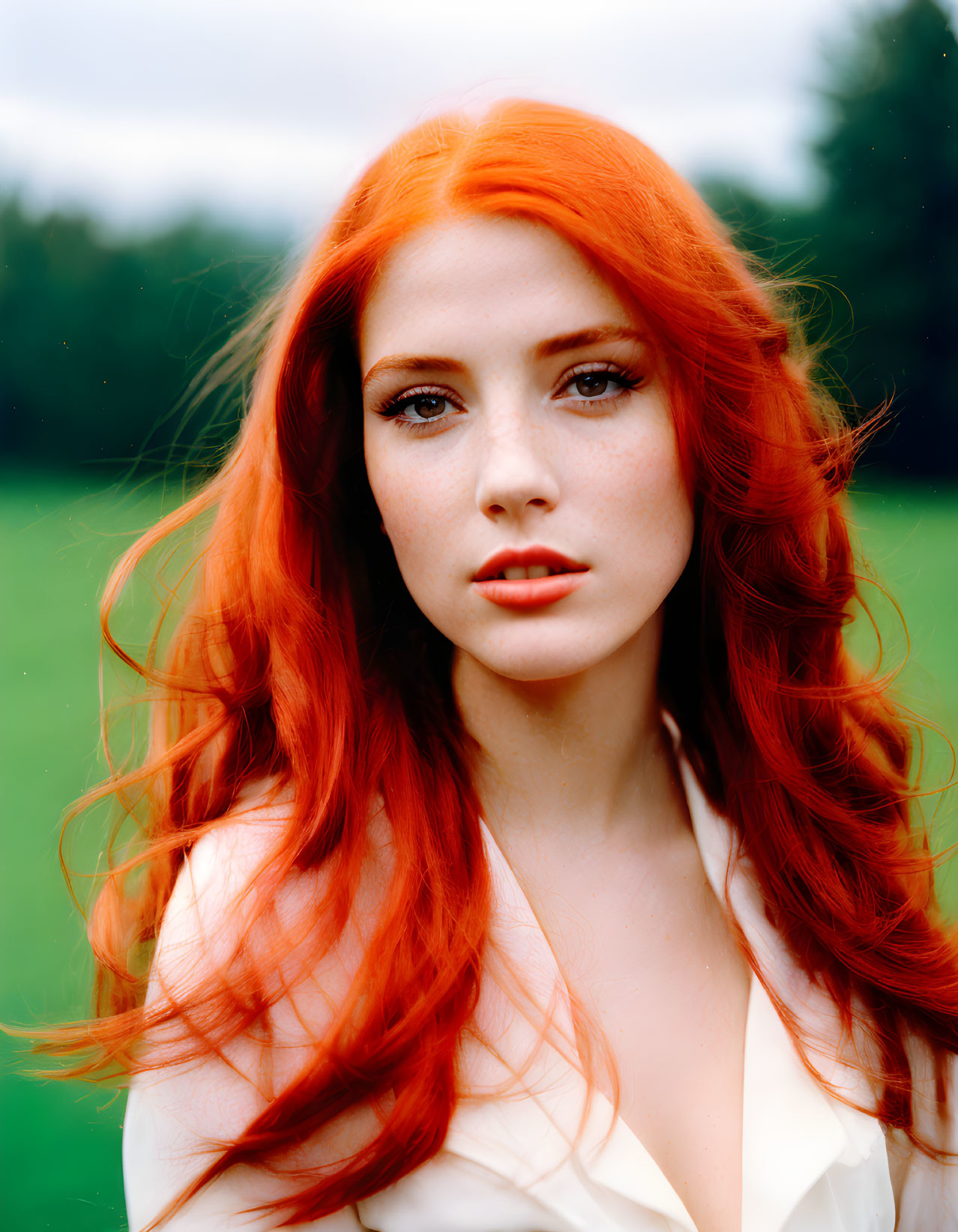 Red-haired woman with fair skin standing in green field