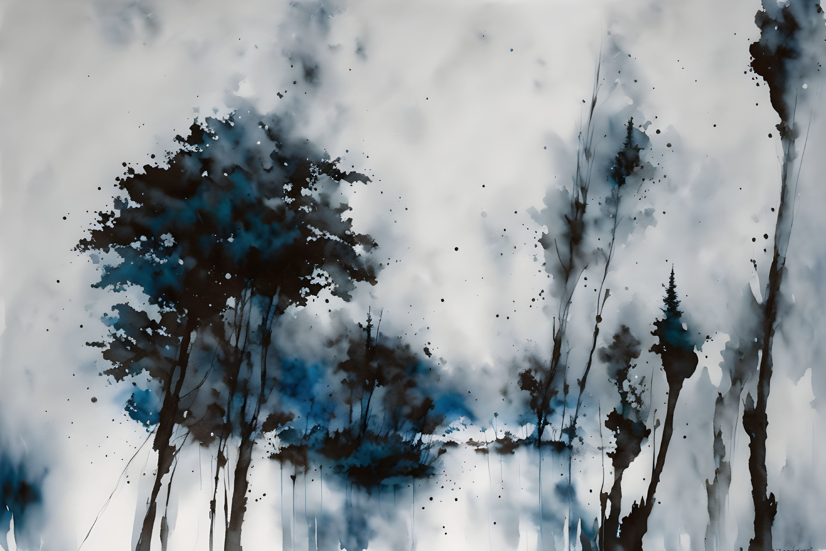 Misty forest abstract painting in black and blue tones