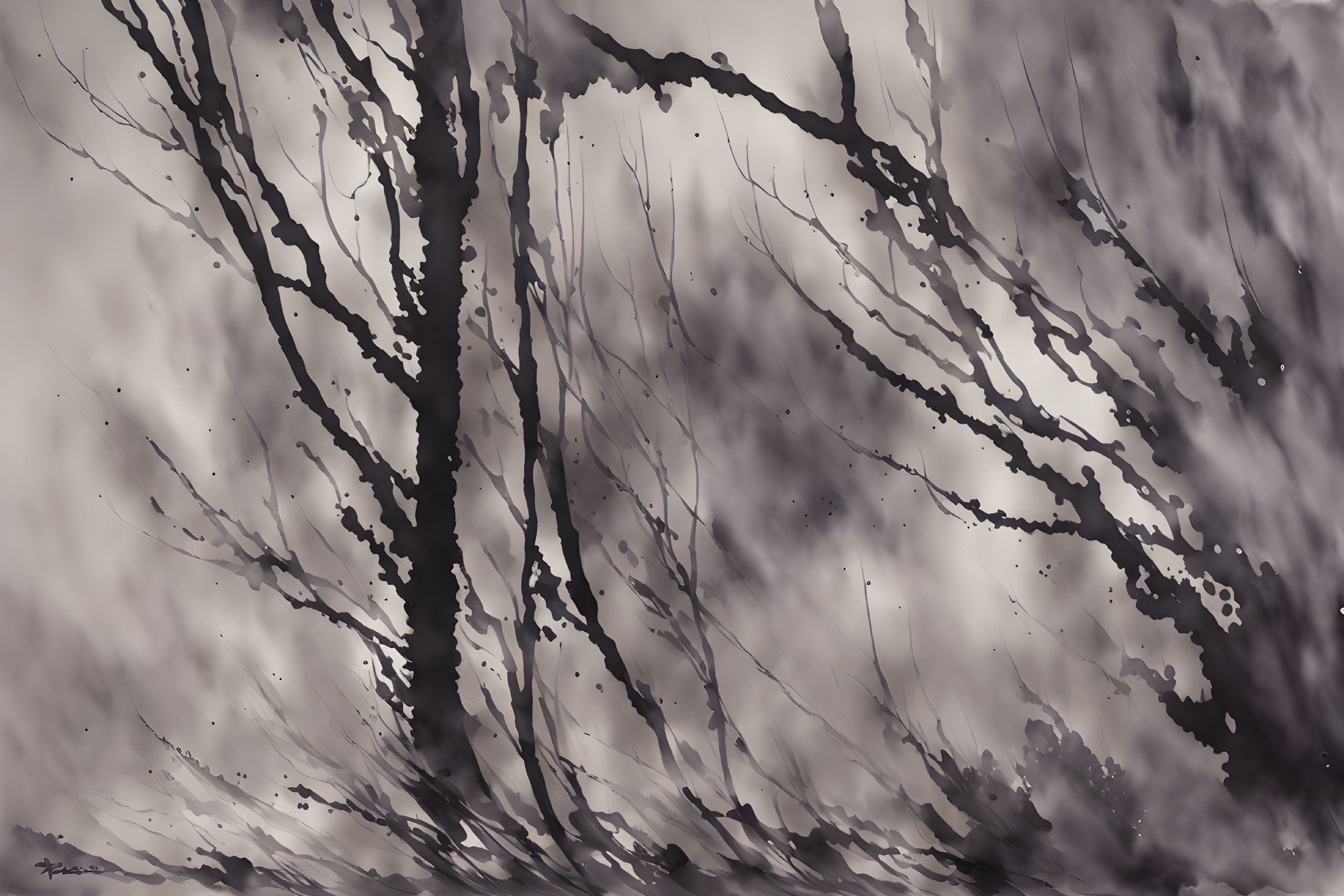 Abstract monochrome ink wash painting of dynamic trees with flowing lines and splatter texture.