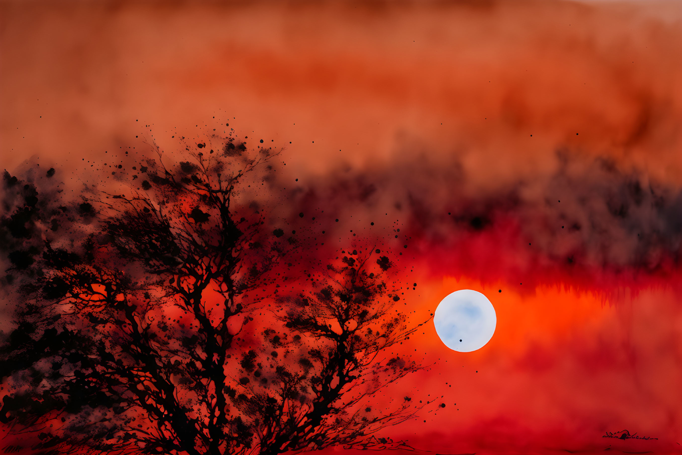 Vibrant artwork: Silhouetted tree line, fiery red sky, pale moon.