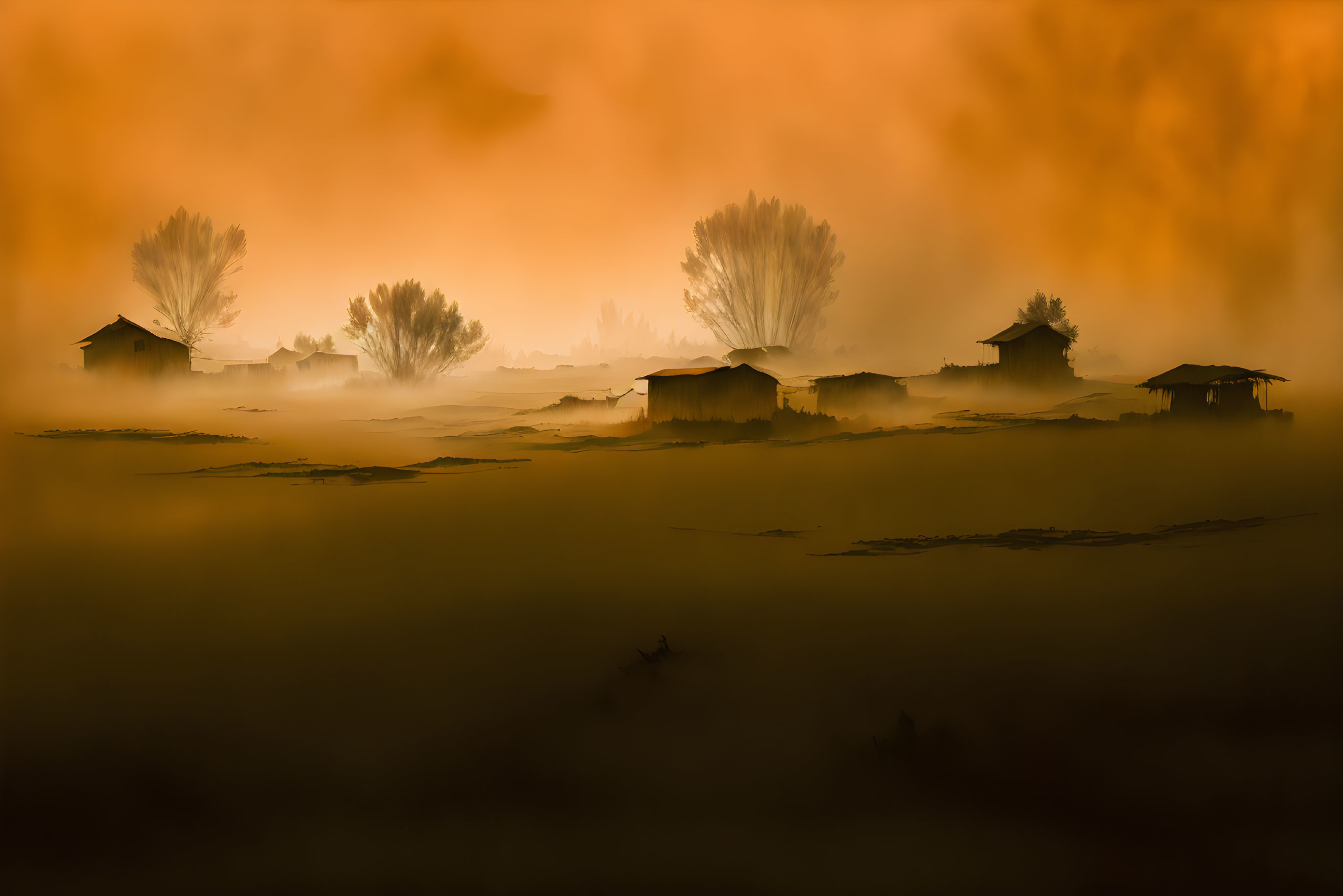 Misty golden landscape with rustic huts and silhouetted trees