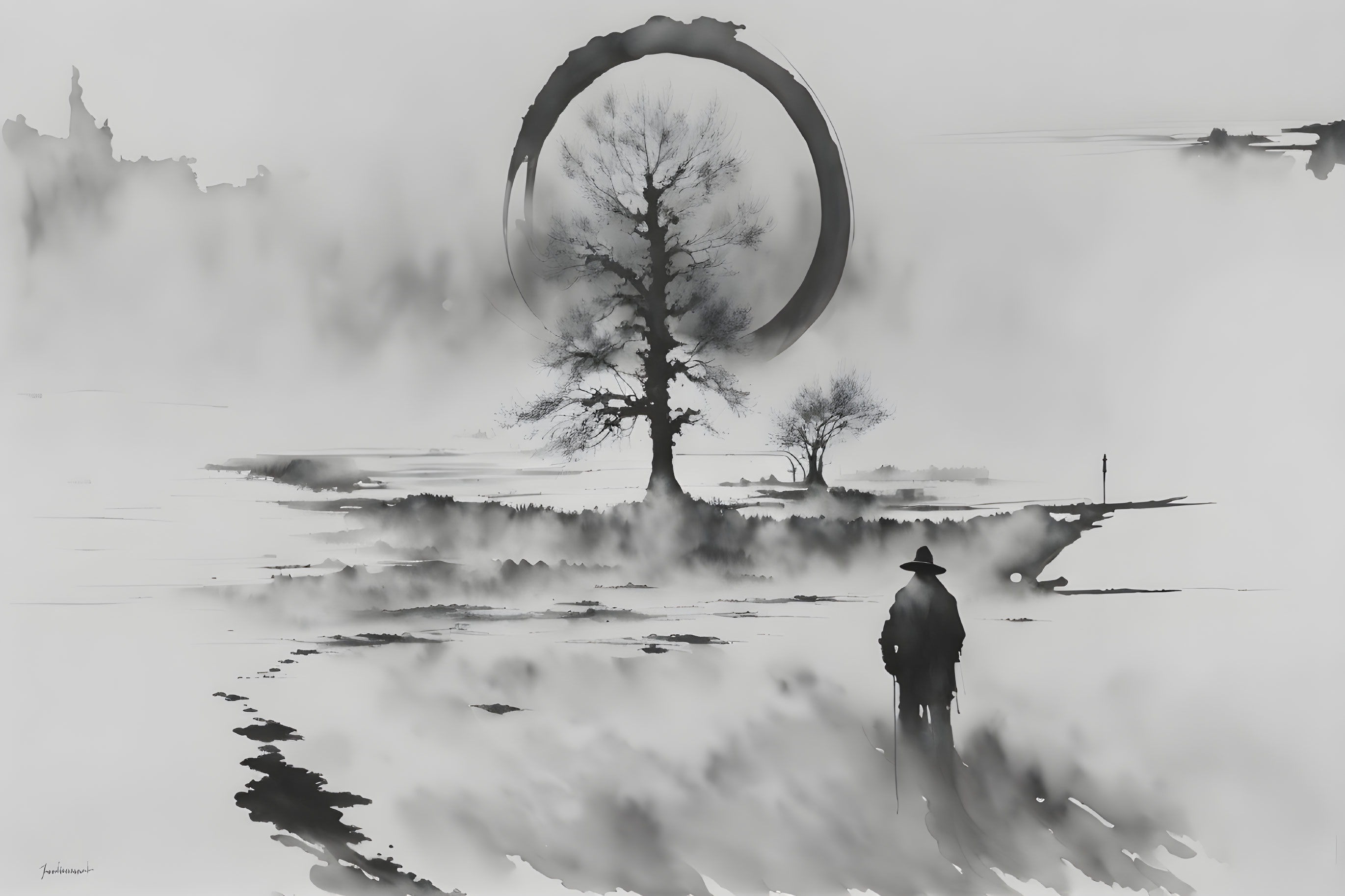 Solitary figure by surreal tree with large ring in misty landscape