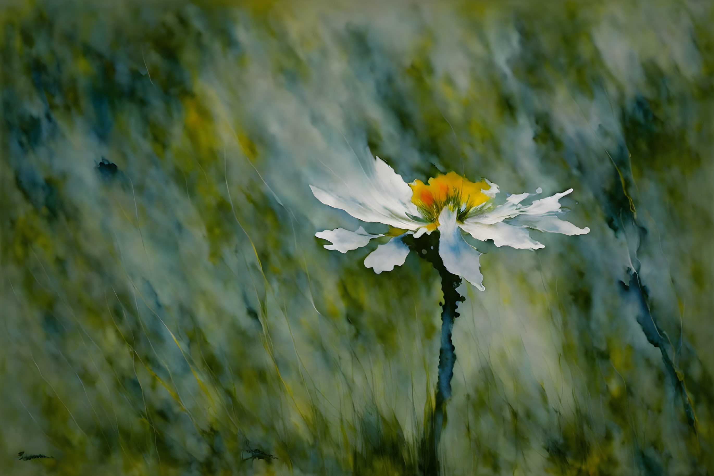 White daisy with yellow center on blurred green and blue background