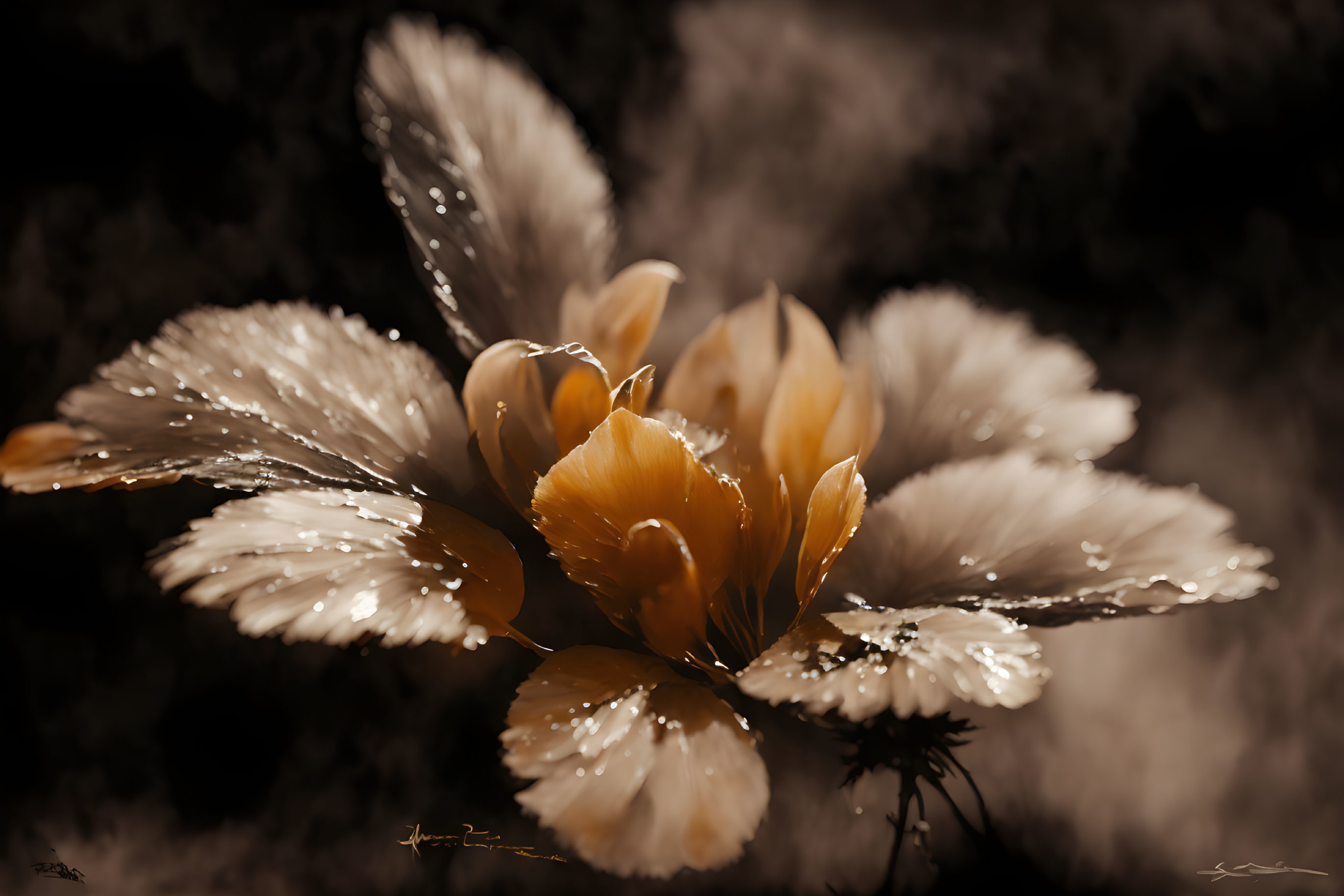 Dew-covered flowers with translucent petals on dark background