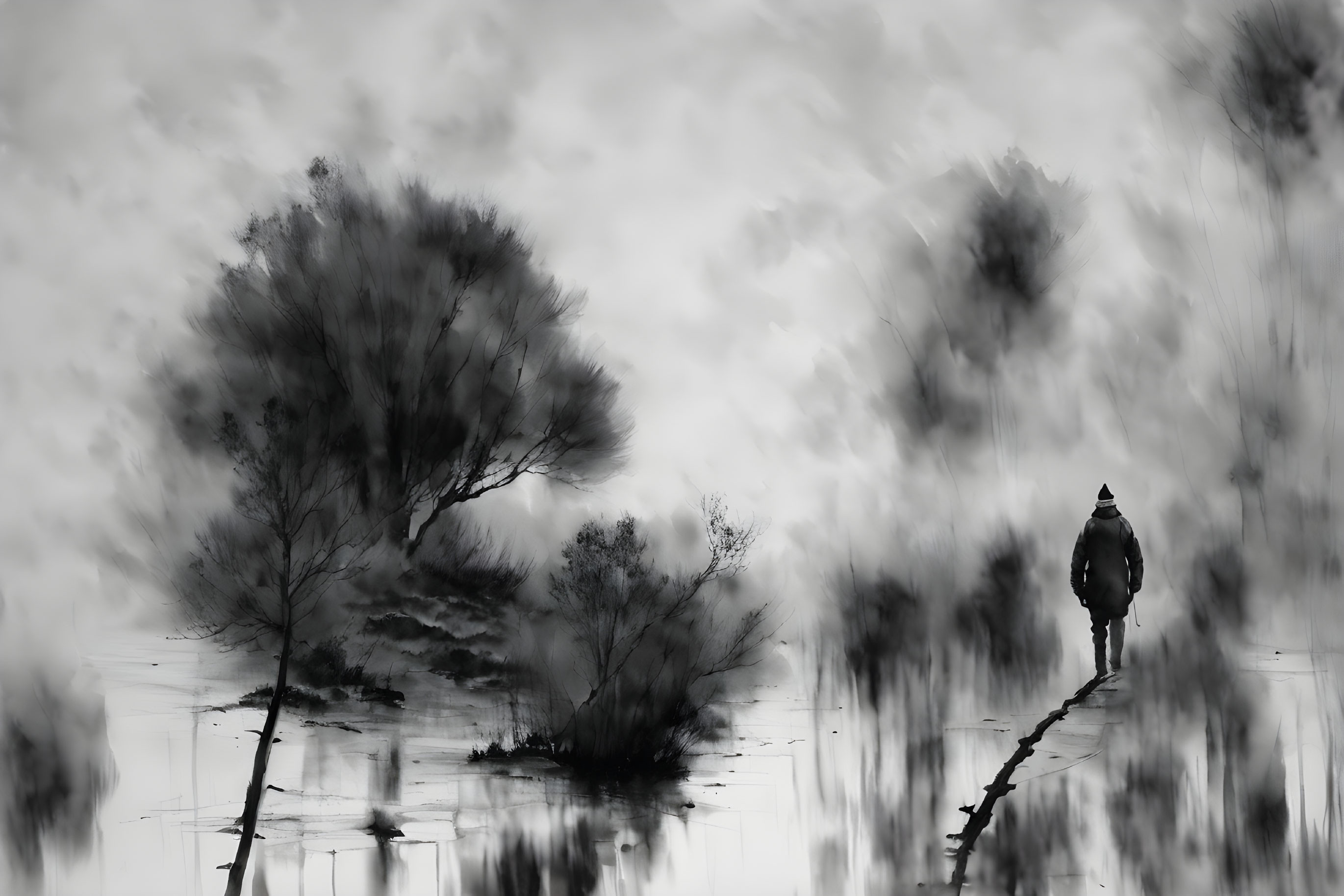 Person Walking on Narrow Path Through Misty Landscape with Water Reflections