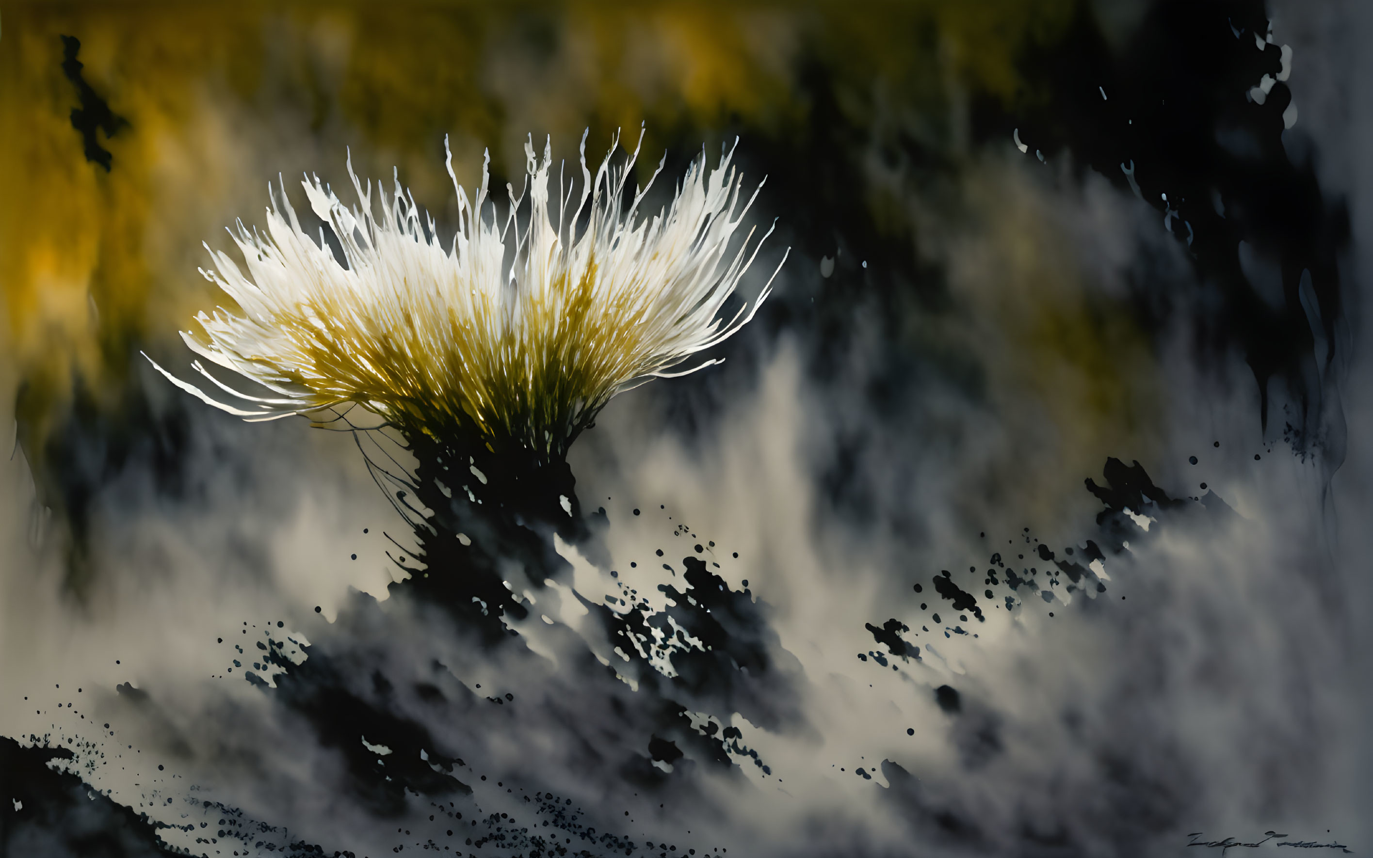 White and Yellow Brush-Like Form with Black Speckles on Dark Background