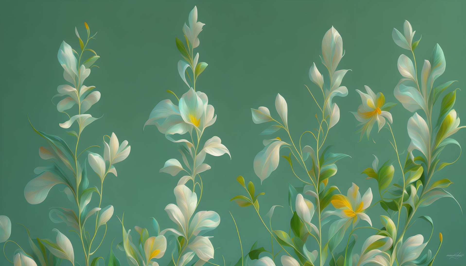 Elegant White Flowers and Green Leaves Digital Art Display