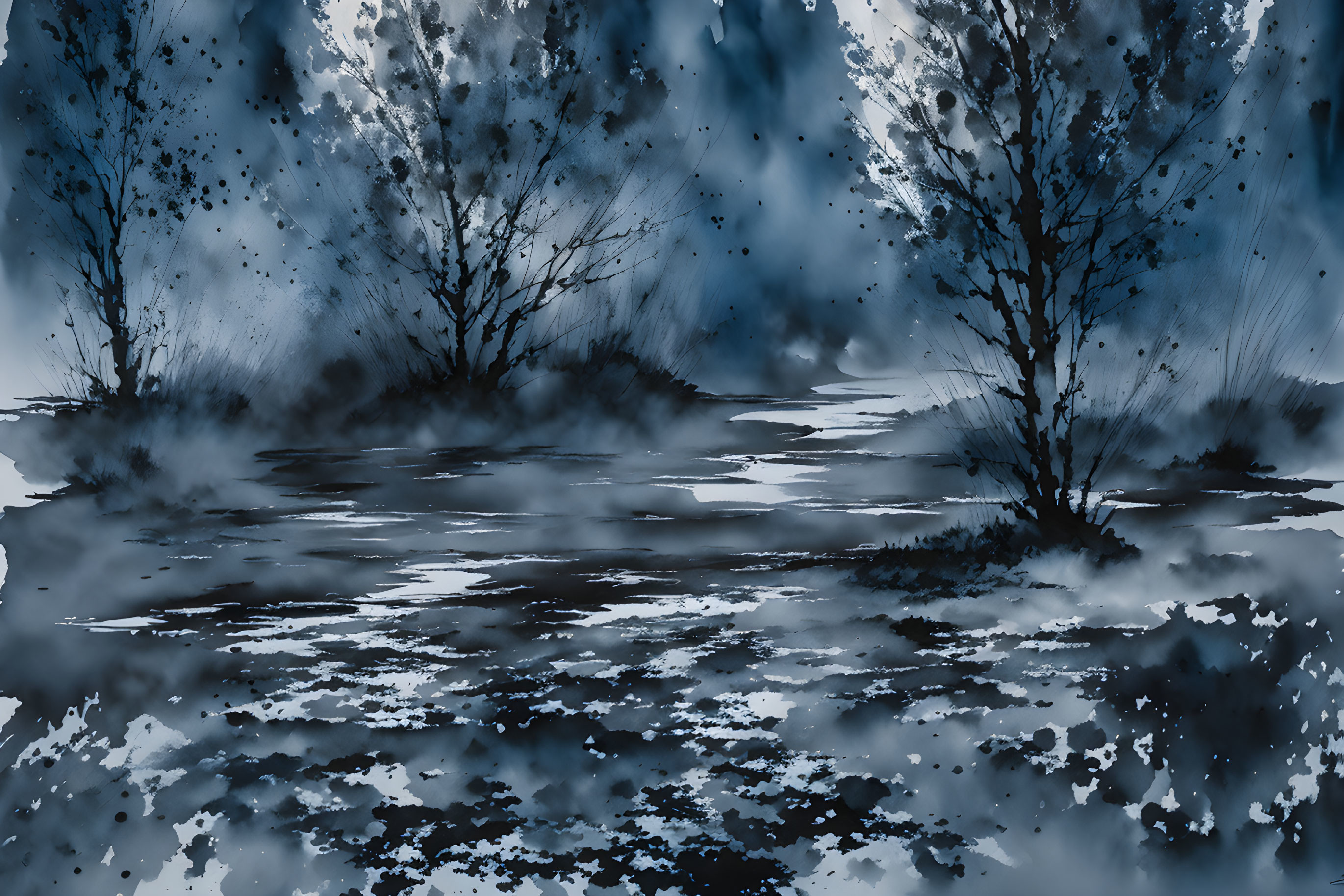 Abstract blue and black watercolor painting of ethereal trees and reflections in water