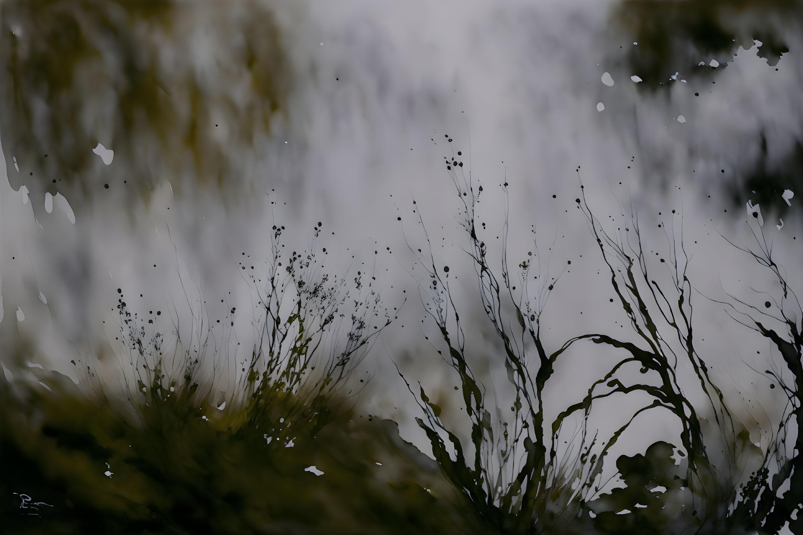 Abstract nature scene with silhouetted grass and branches against blurred water reflection.