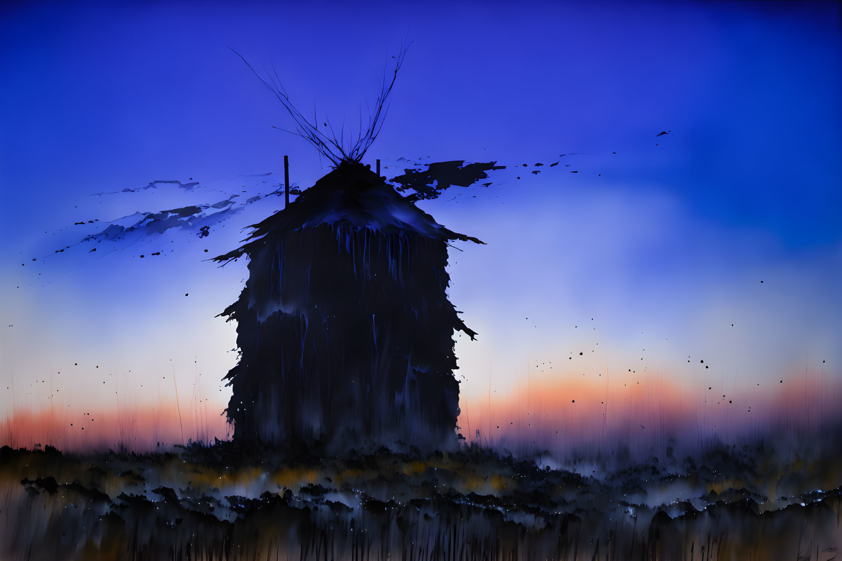 Dilapidated hut with straw roof in twilight sky with birds flying