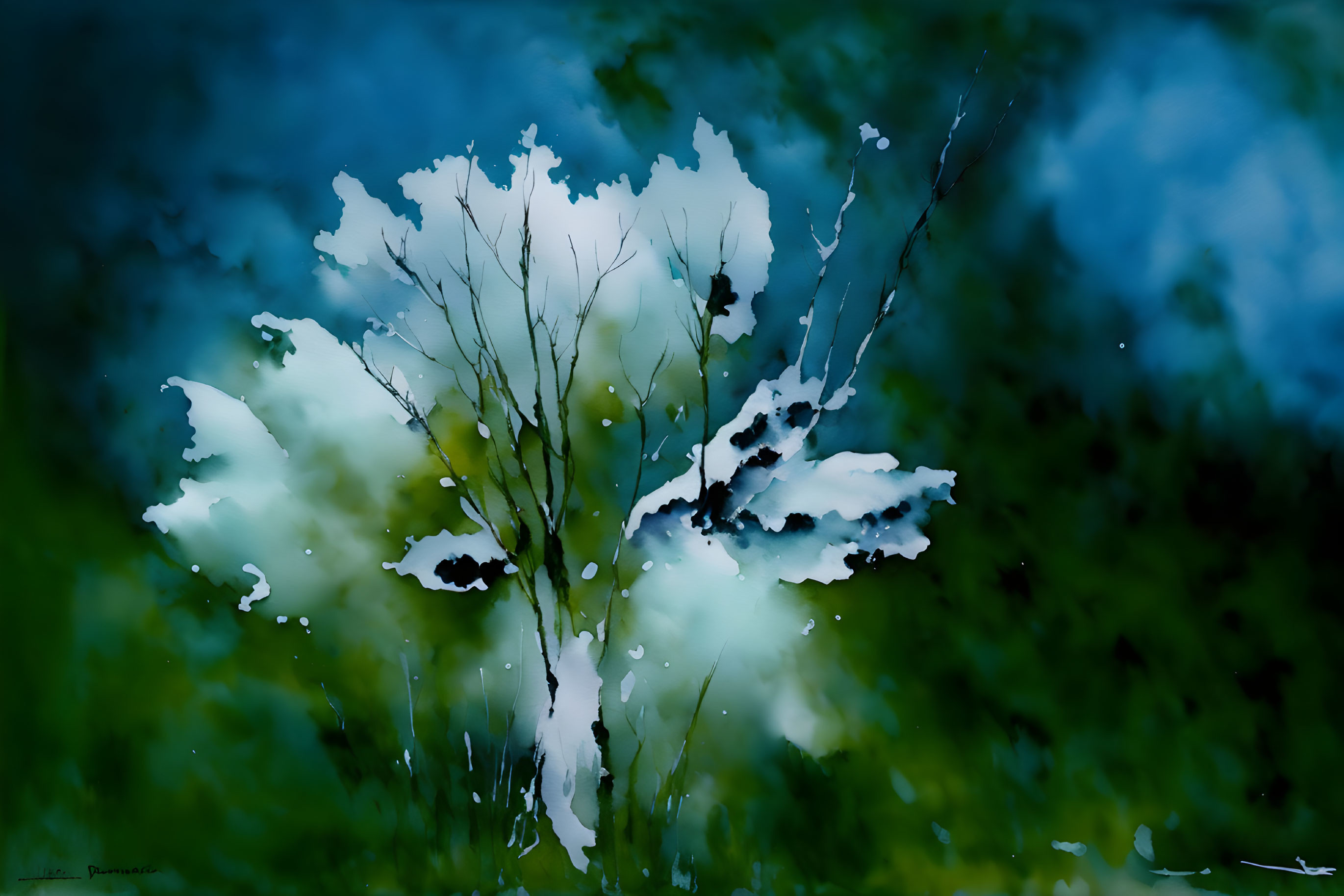 White Tree Painting on Abstract Blue and Green Background