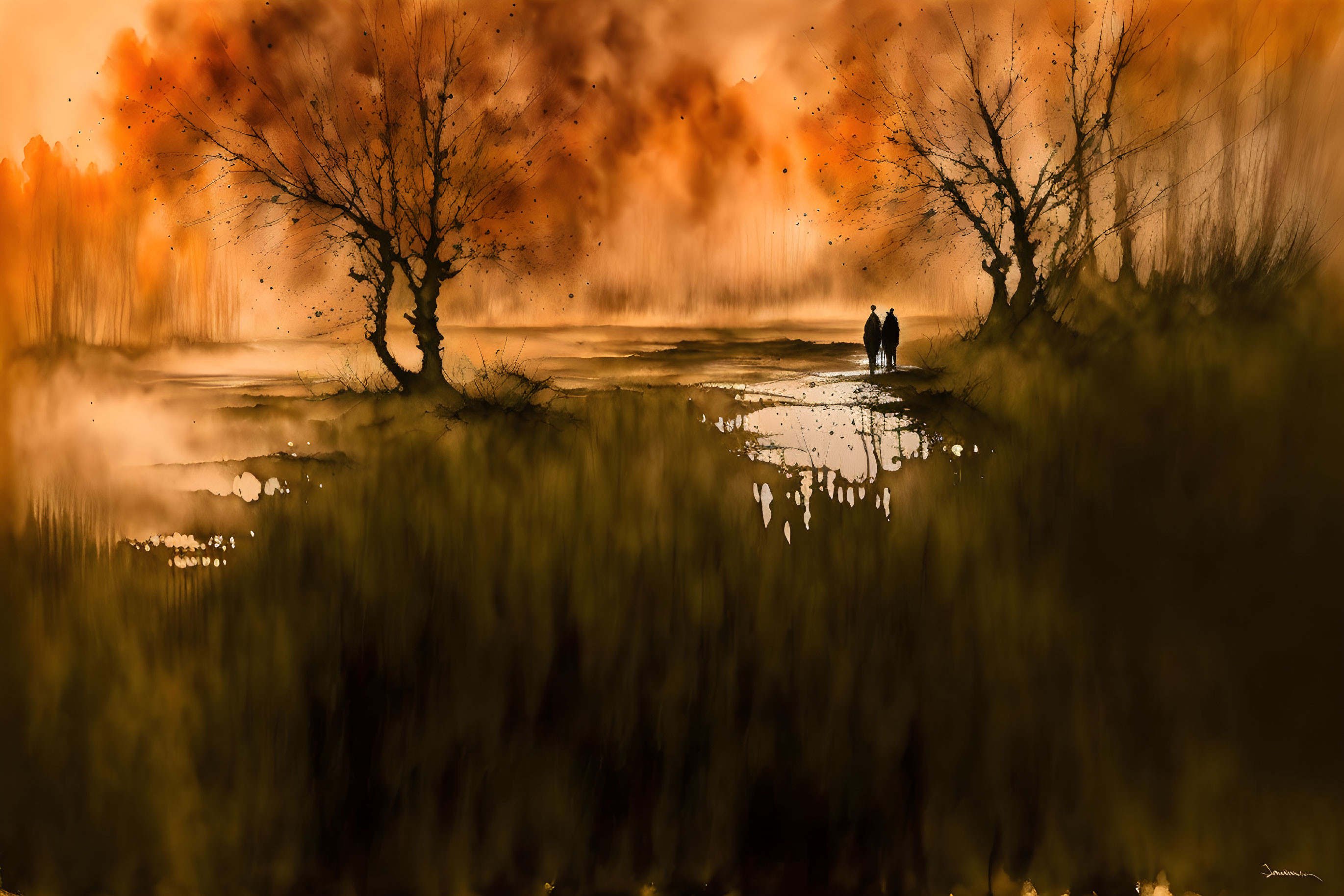 Silhouetted figures walking near reflective water with barren trees and fiery orange sky.