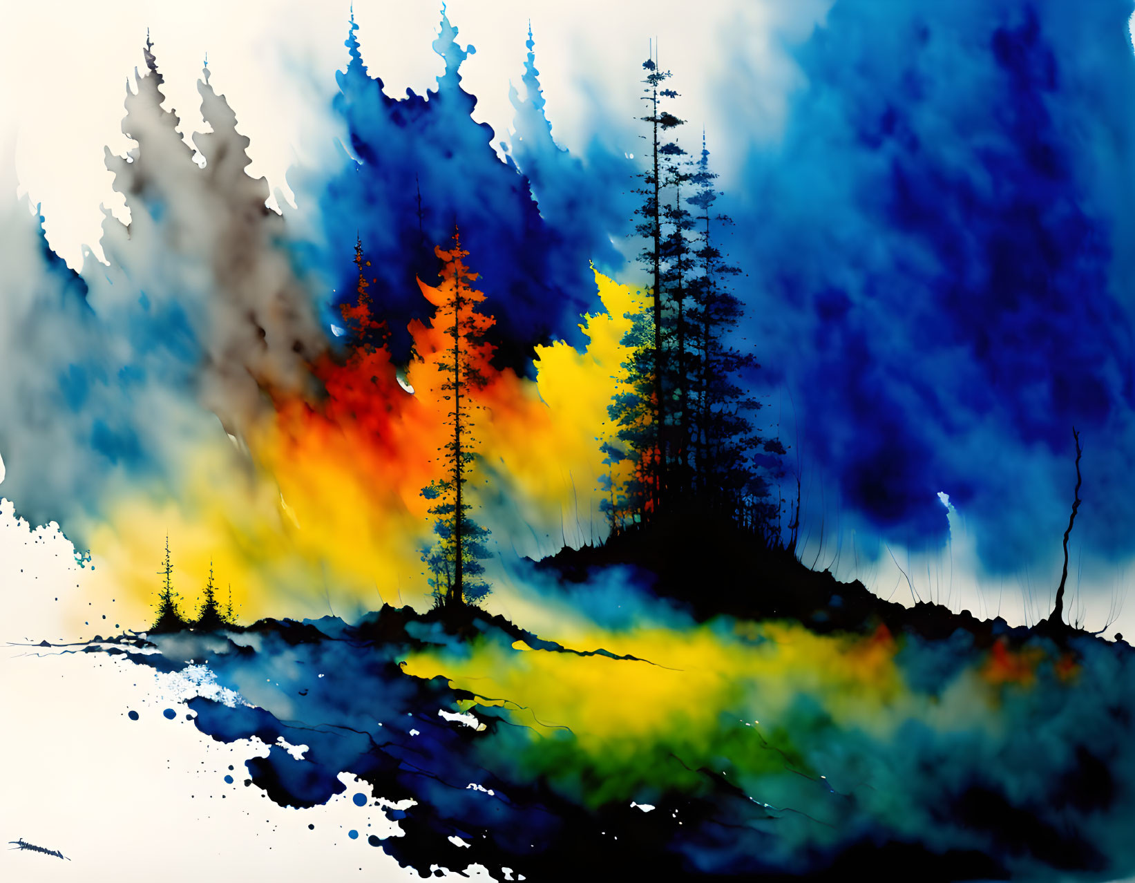 Abstract Watercolor Painting: Vibrant Forest Scene with Blue and Orange Highlights