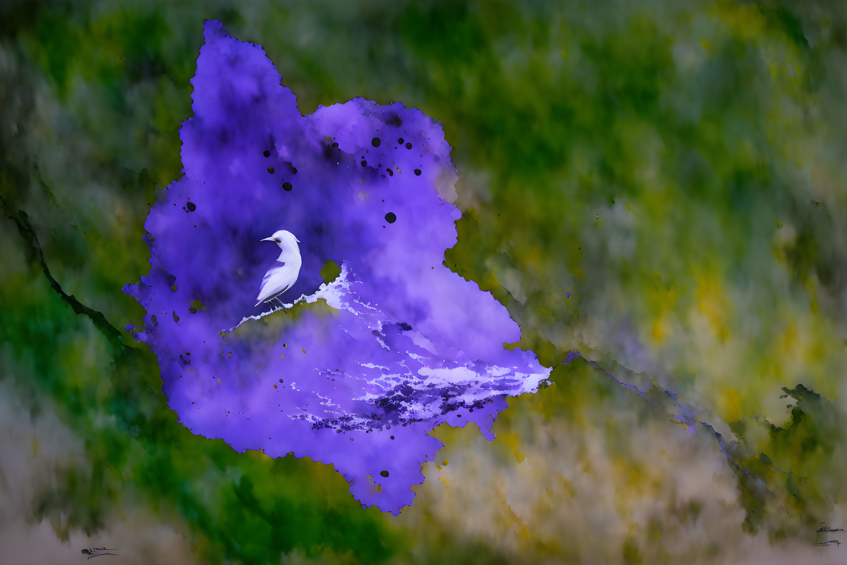 White bird on branch in vibrant purple and green watercolor scene