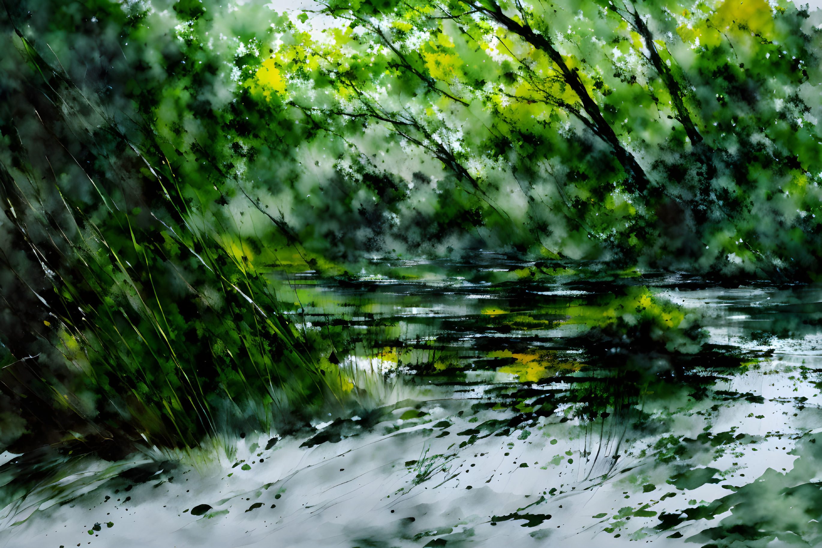 Lush Green Forest Scene Watercolor Painting