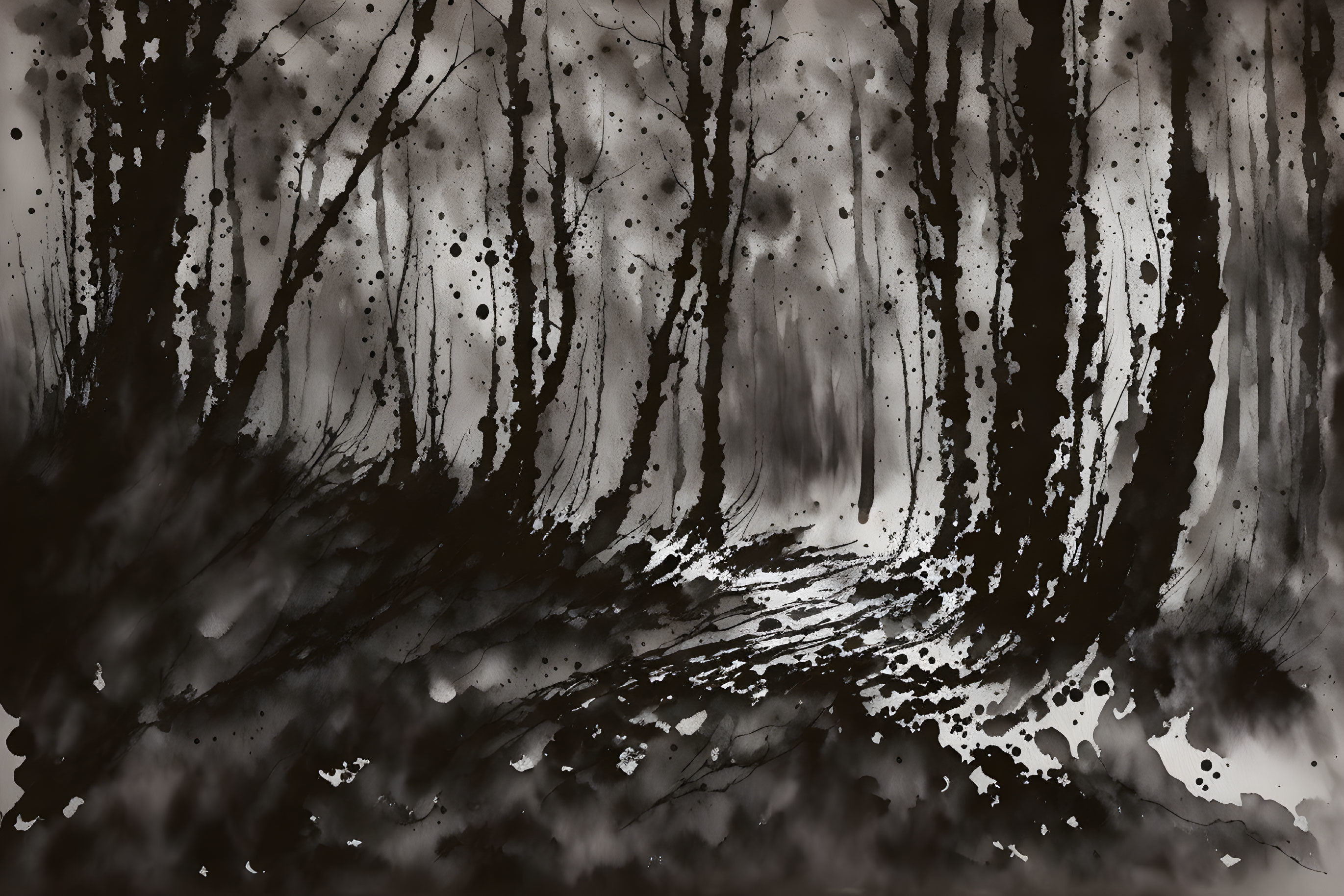 Abstract Monochrome Forest Painting with Ink Splatters and Mysterious Pathway