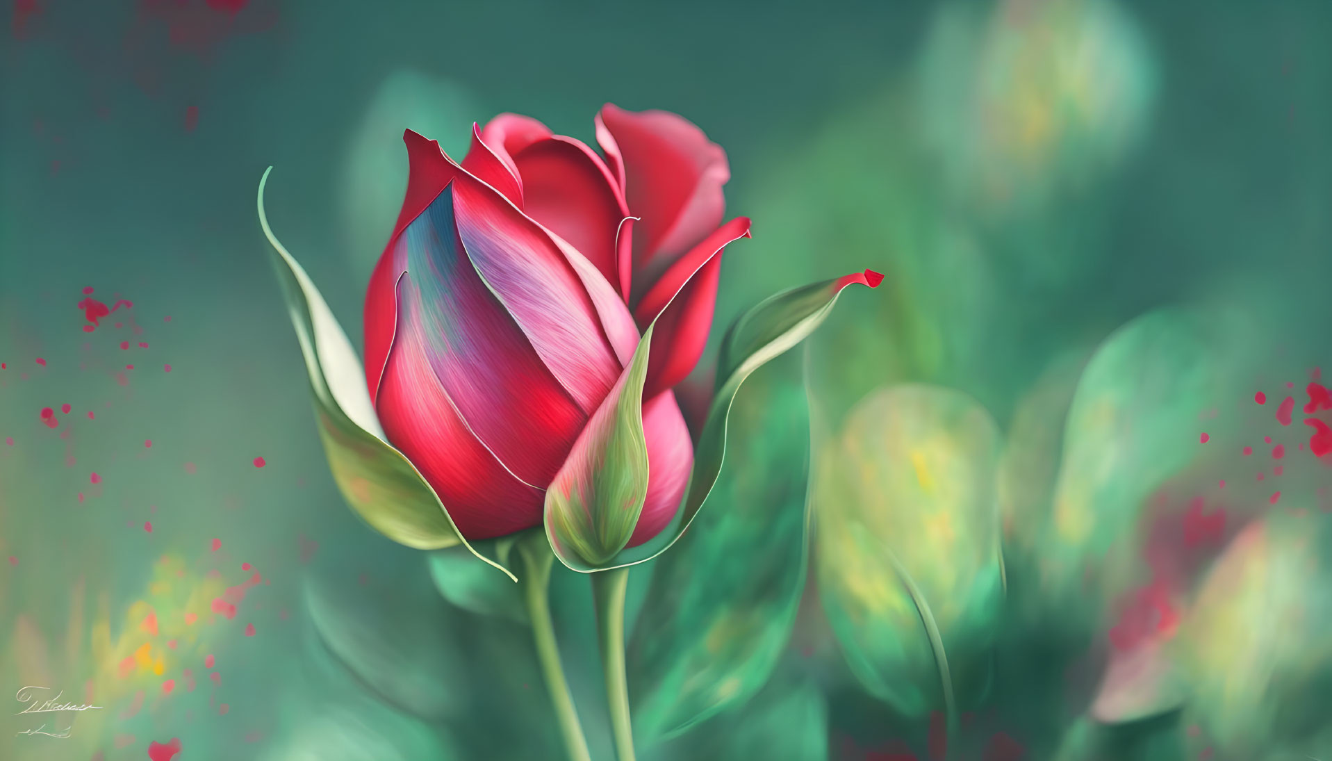 Red and Pink Rose Digital Art with Green Background and Floating Petals