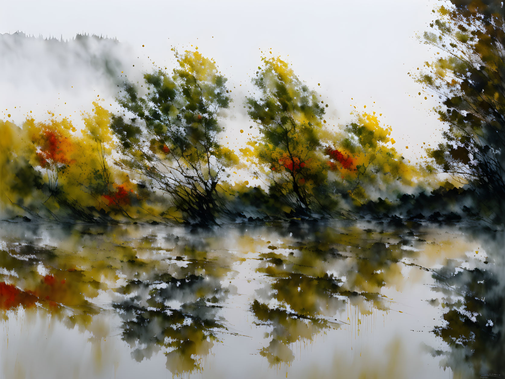 Vibrant autumn trees reflected in still waters with misty background