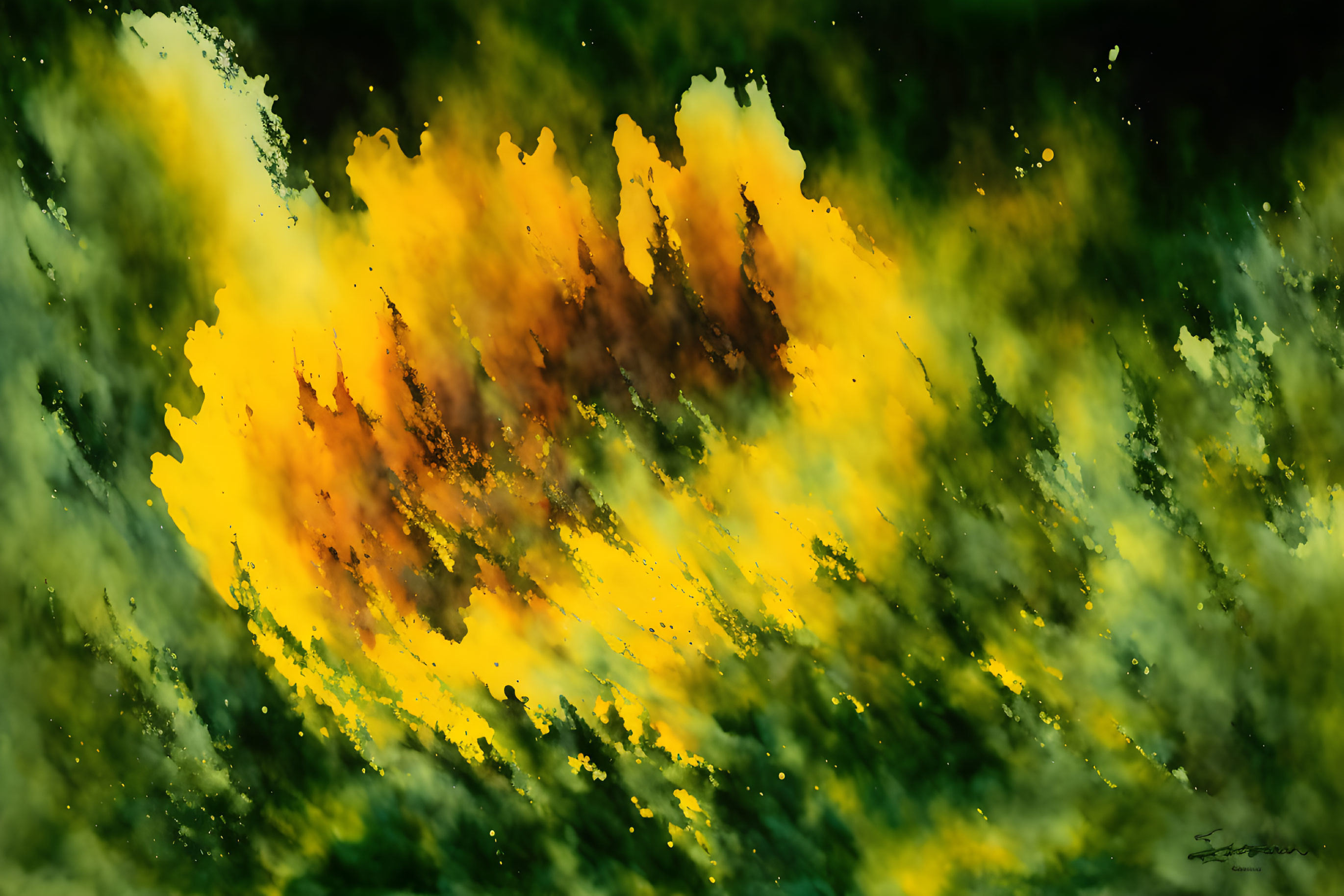 Vivid yellow and orange abstract painting with dynamic flame-like effect