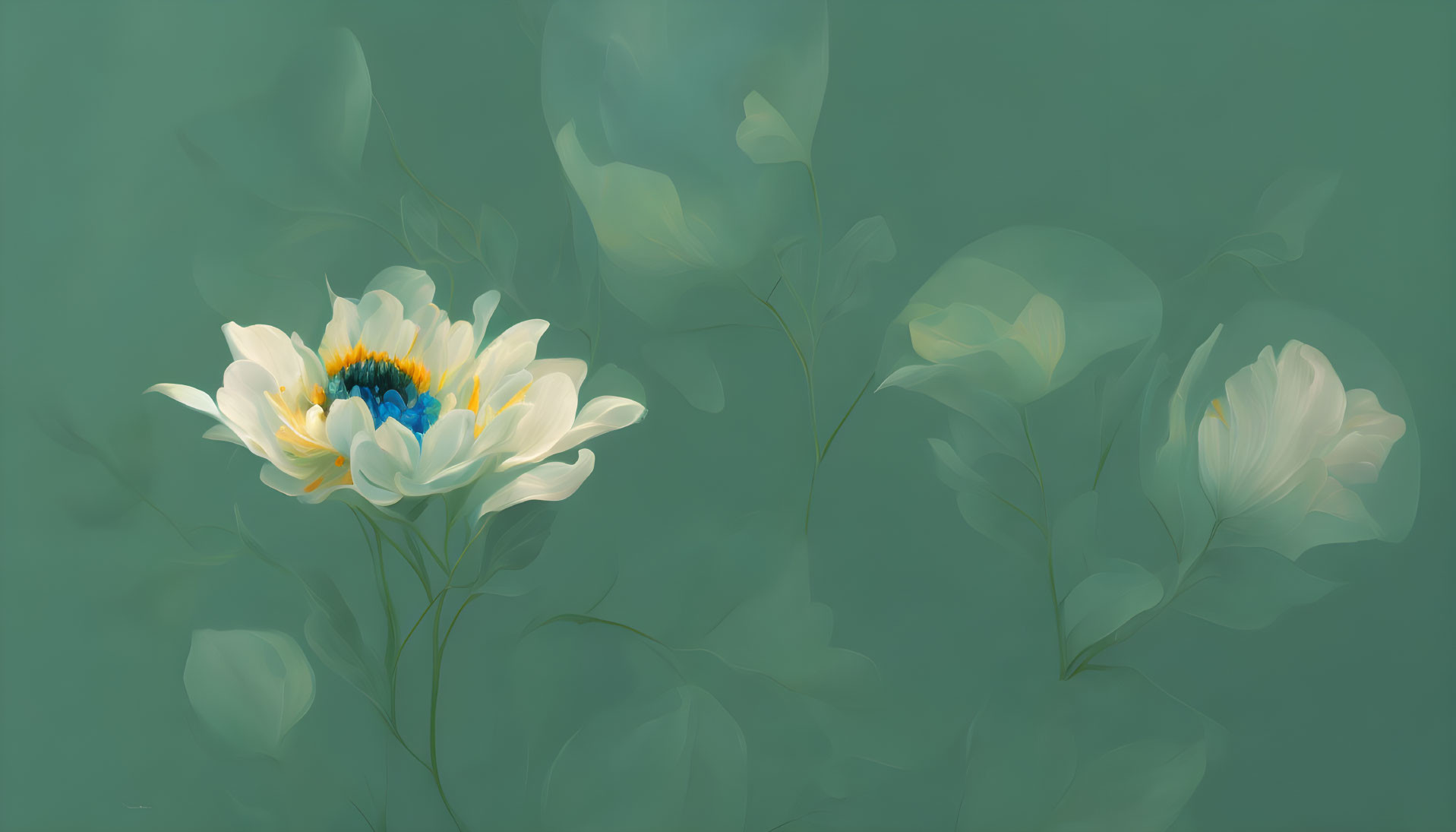 Delicate white flower with golden center in digital illustration