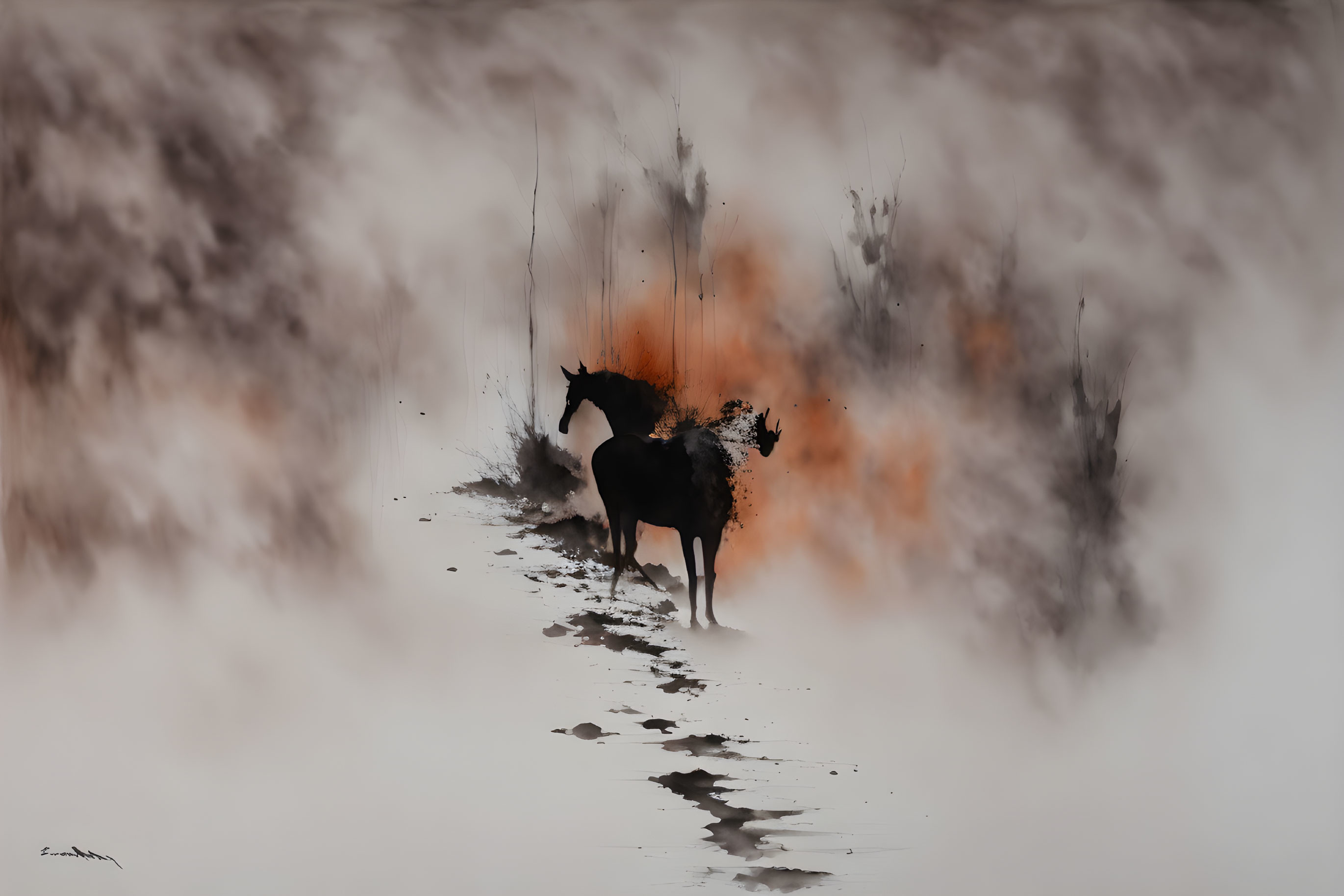 Silhouette of Horse in Misty Scene with Abstract Orange and Brown Splashes