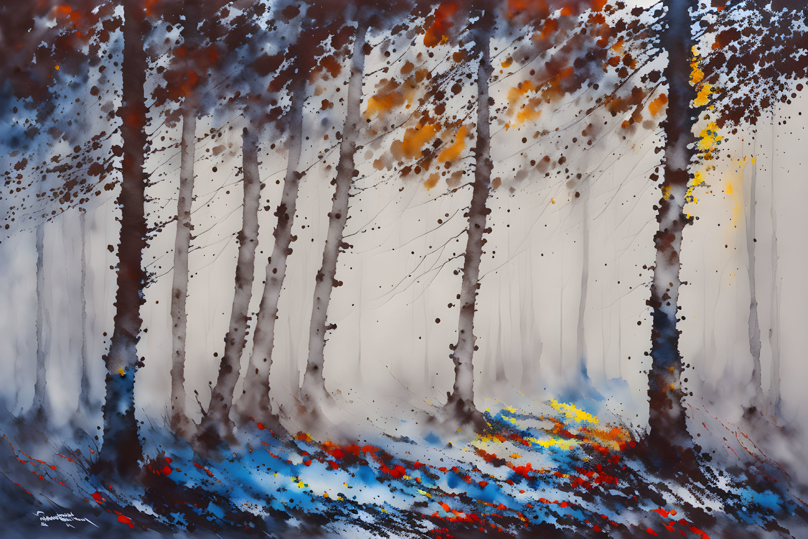 Vibrant abstract forest painting in autumn colors