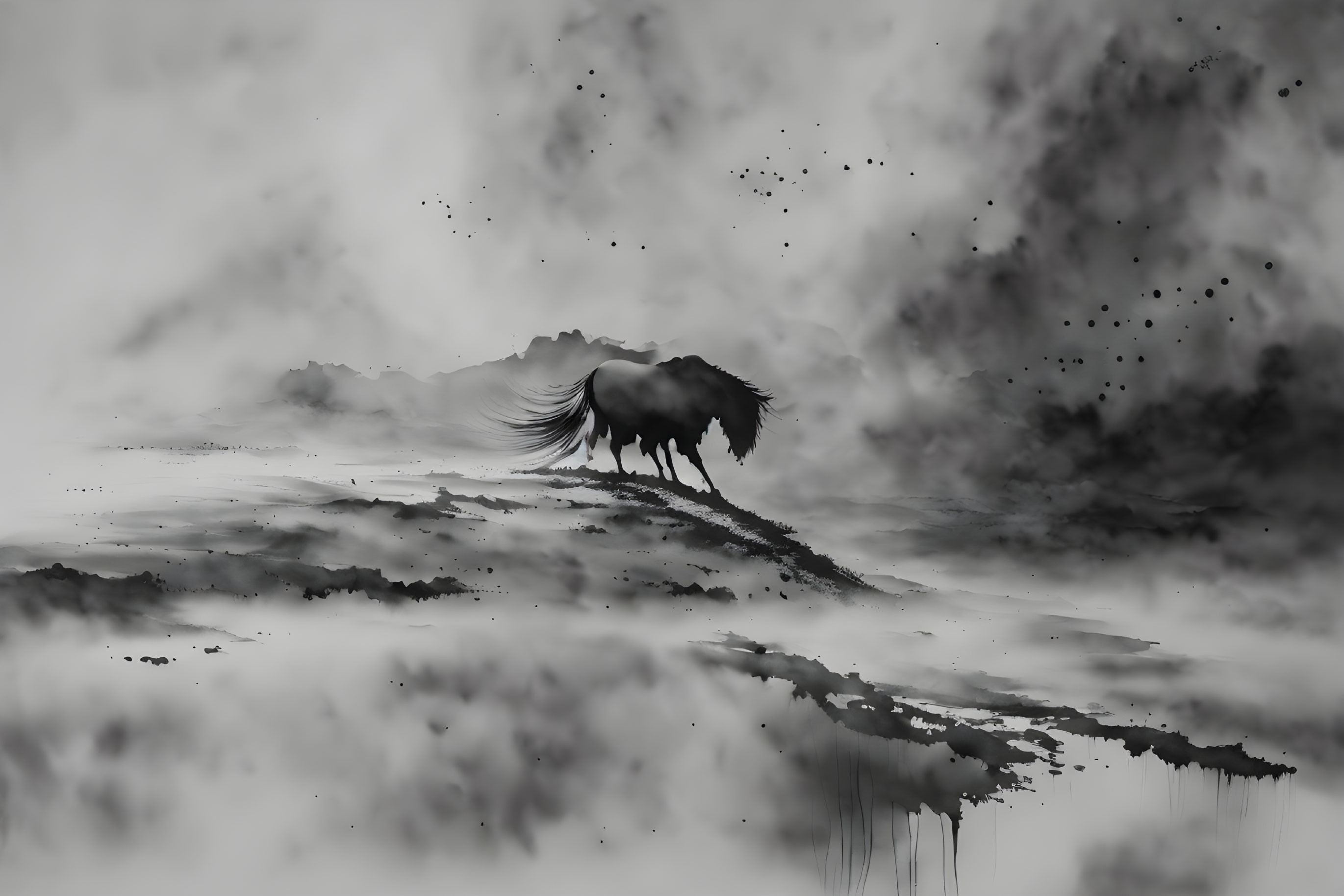 Monochromatic image: Lone horse in misty landscape with flying birds