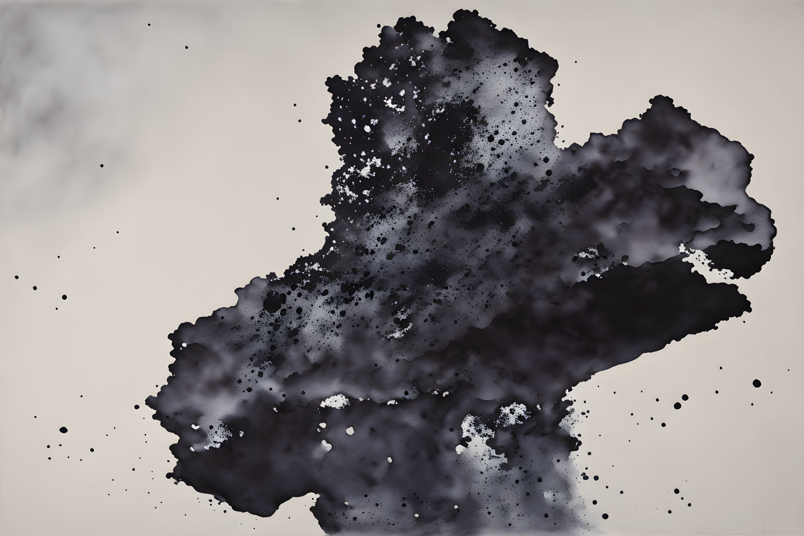 Variegated black ink cloud on pale background with scattered specks