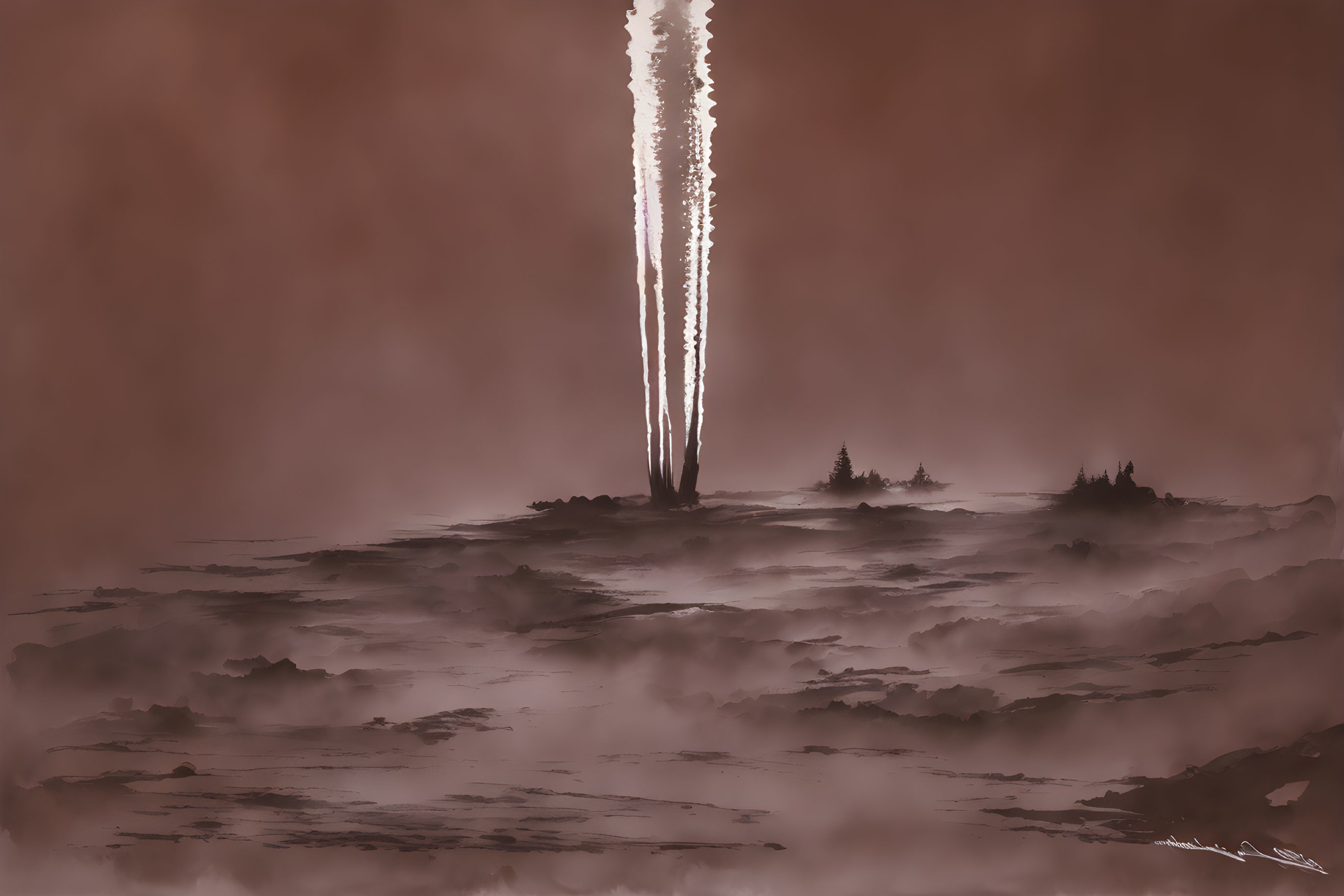 Desolate landscape with vertical light streak in foggy sky