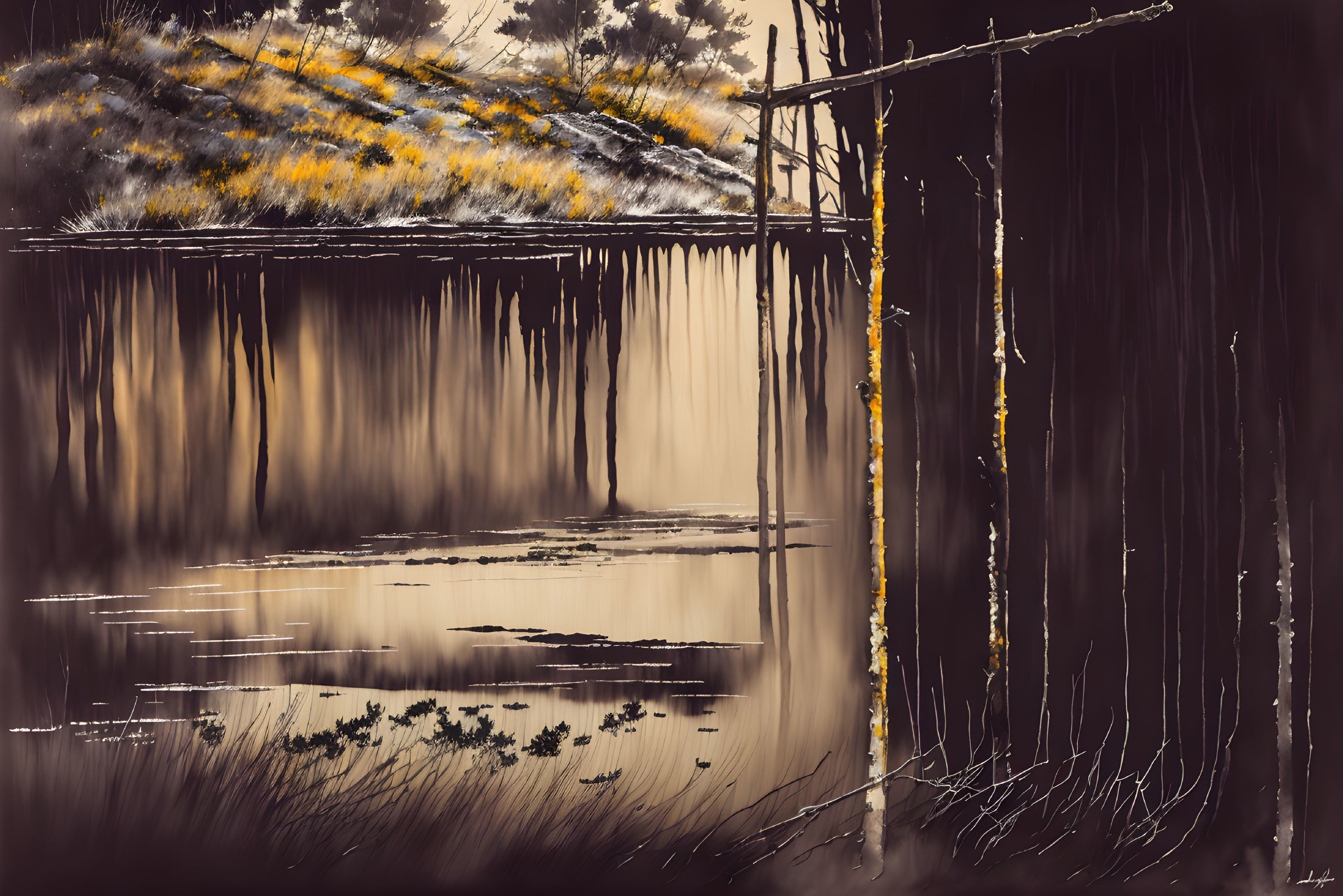 Dark forest reflected in water with bright foliage and utility pole