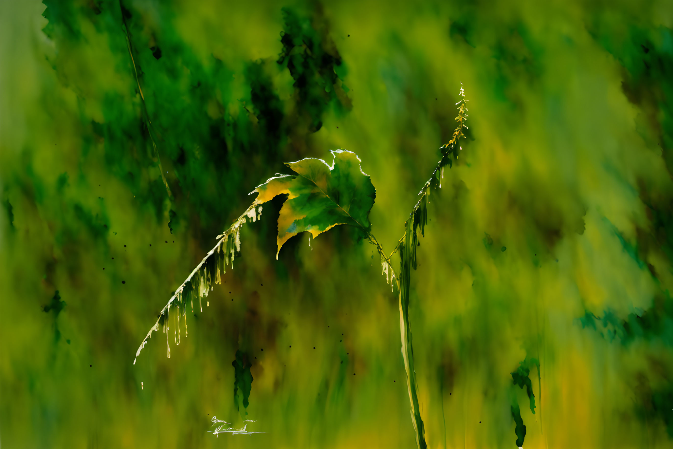 Dew-covered leaf and grass blade in sunlight glare