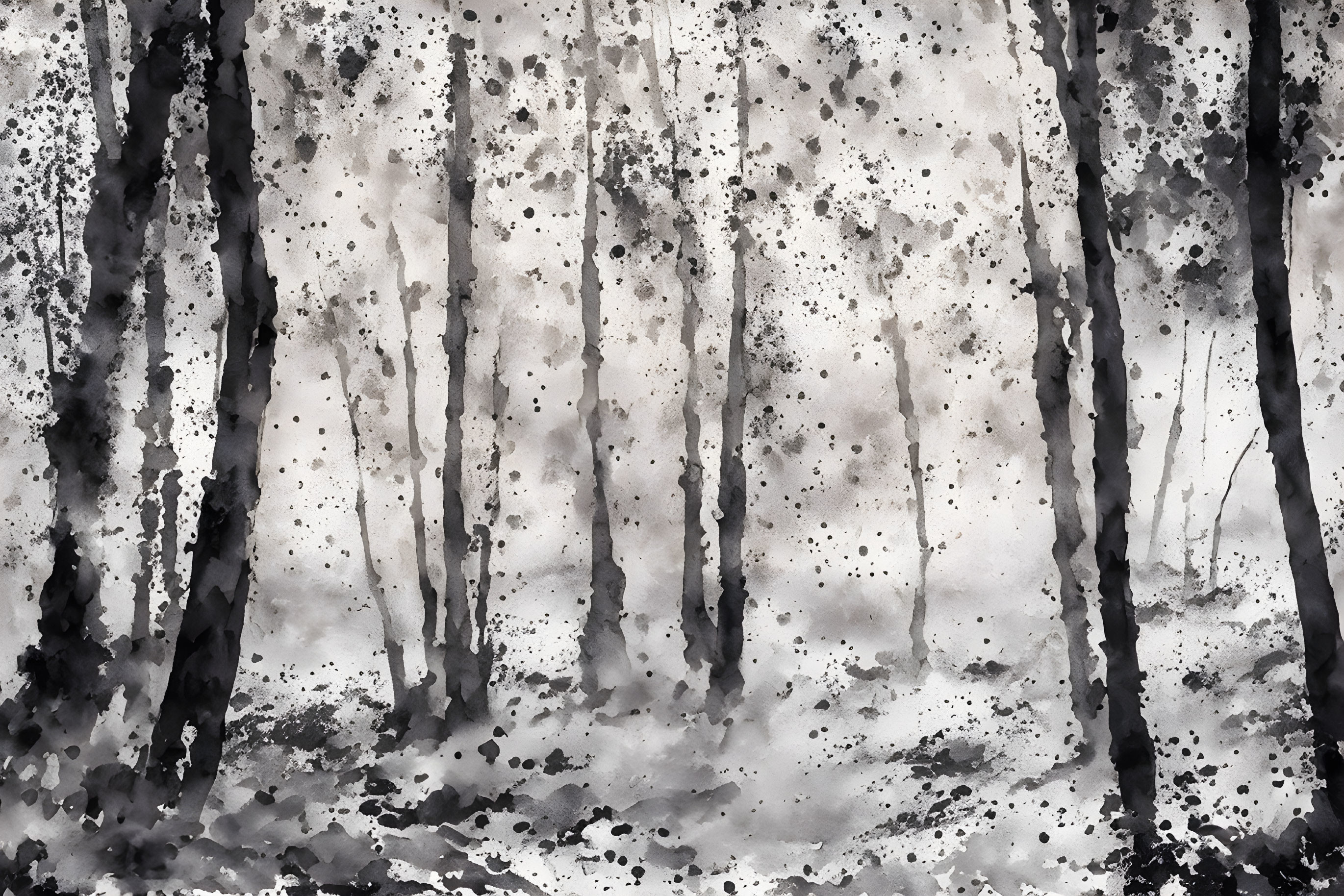 Monochrome watercolor painting of misty forest with abstract texture.