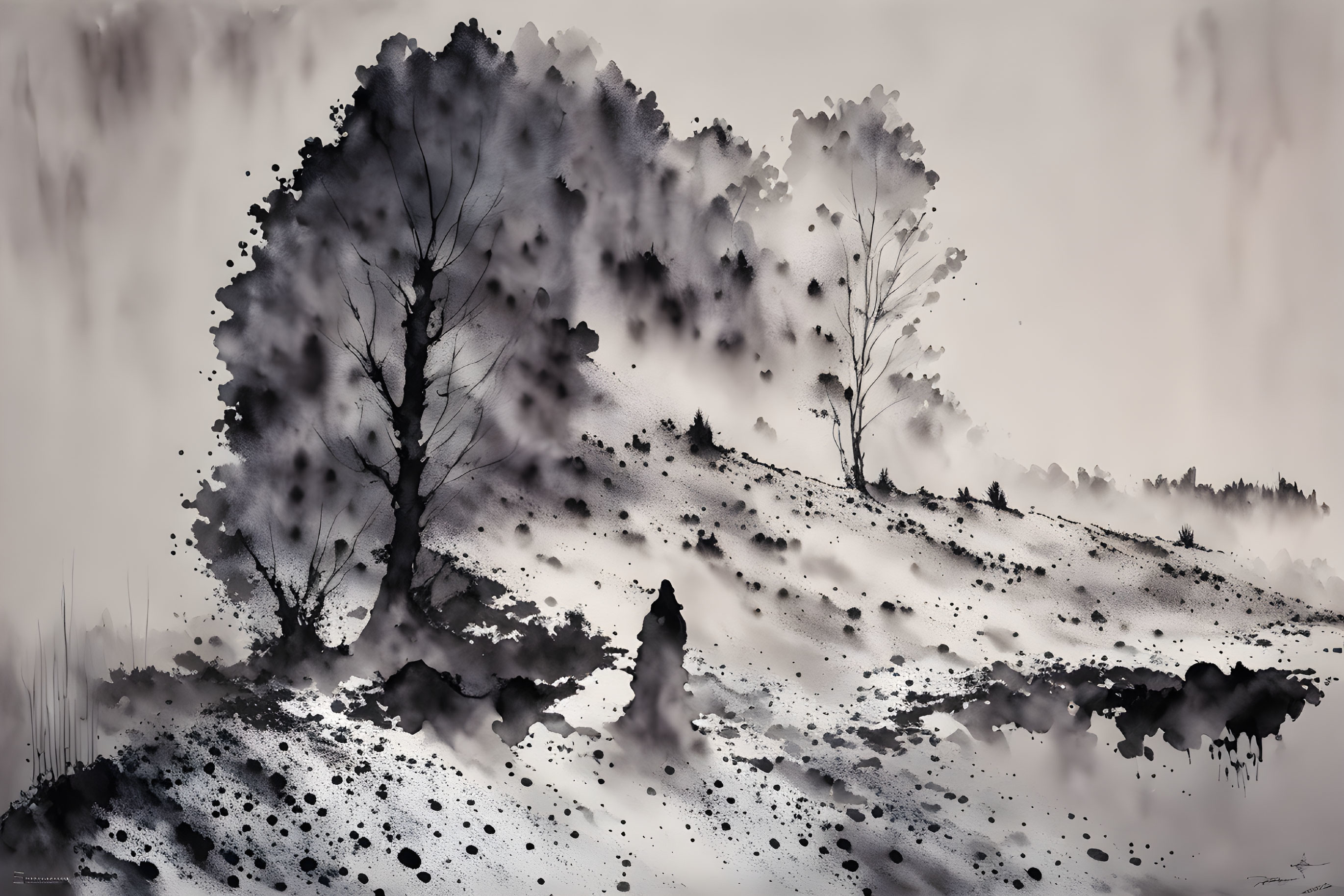 Abstract monochrome landscape with trees and solitary figure in splattered ink style