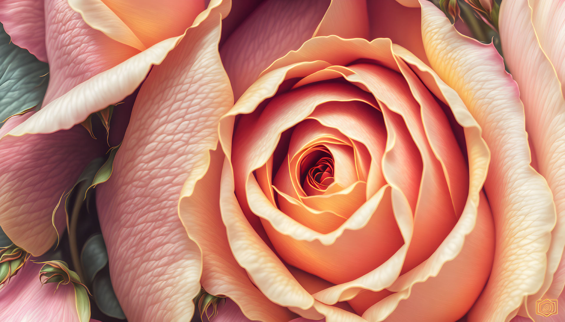 Detailed Close-Up of Vibrant Peach to Pink Rose Petals