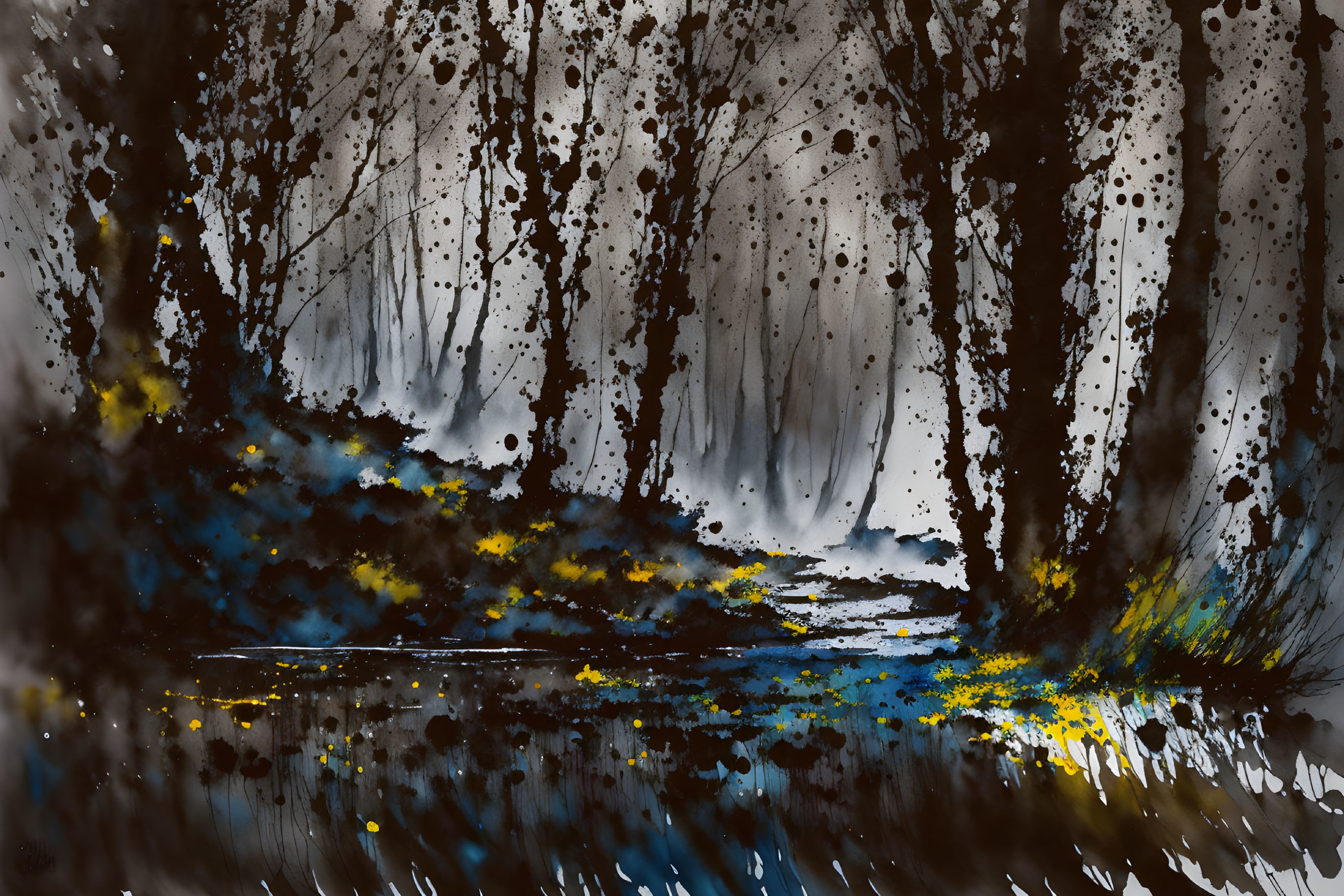 Dark Abstract Forest Painting with Yellow and Blue Splashes