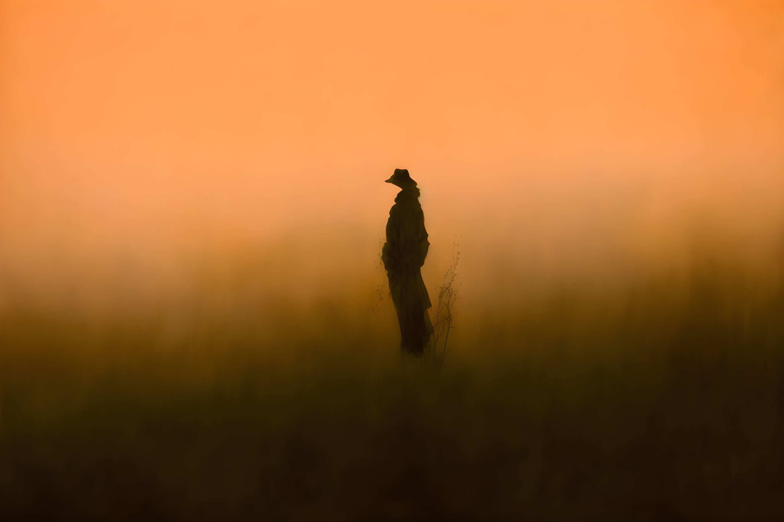 Solitary bird perched on branch in warm, orange mist.