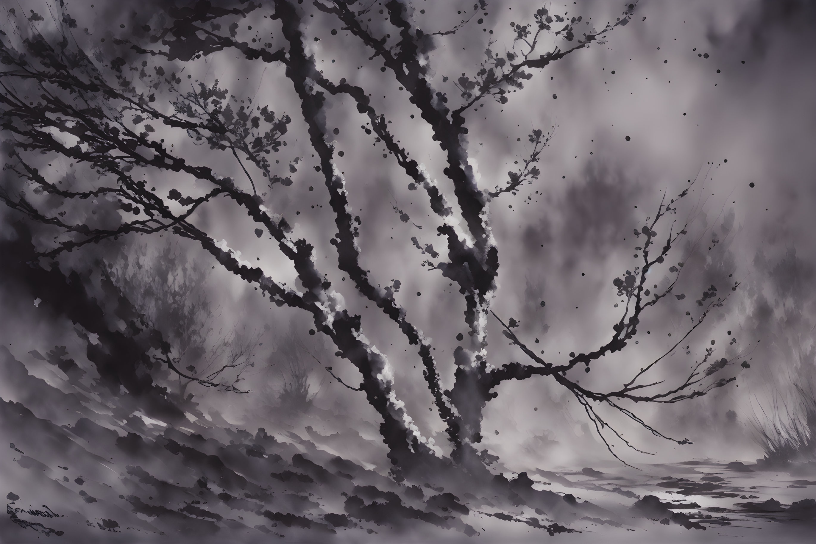 Monochrome illustration of sprawling tree under moody sky