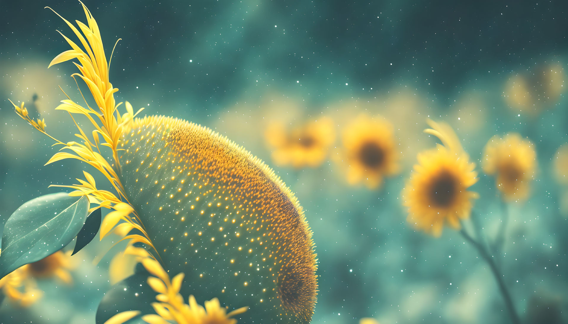 Surreal glowing half-sphere among sunflowers and bokeh effect