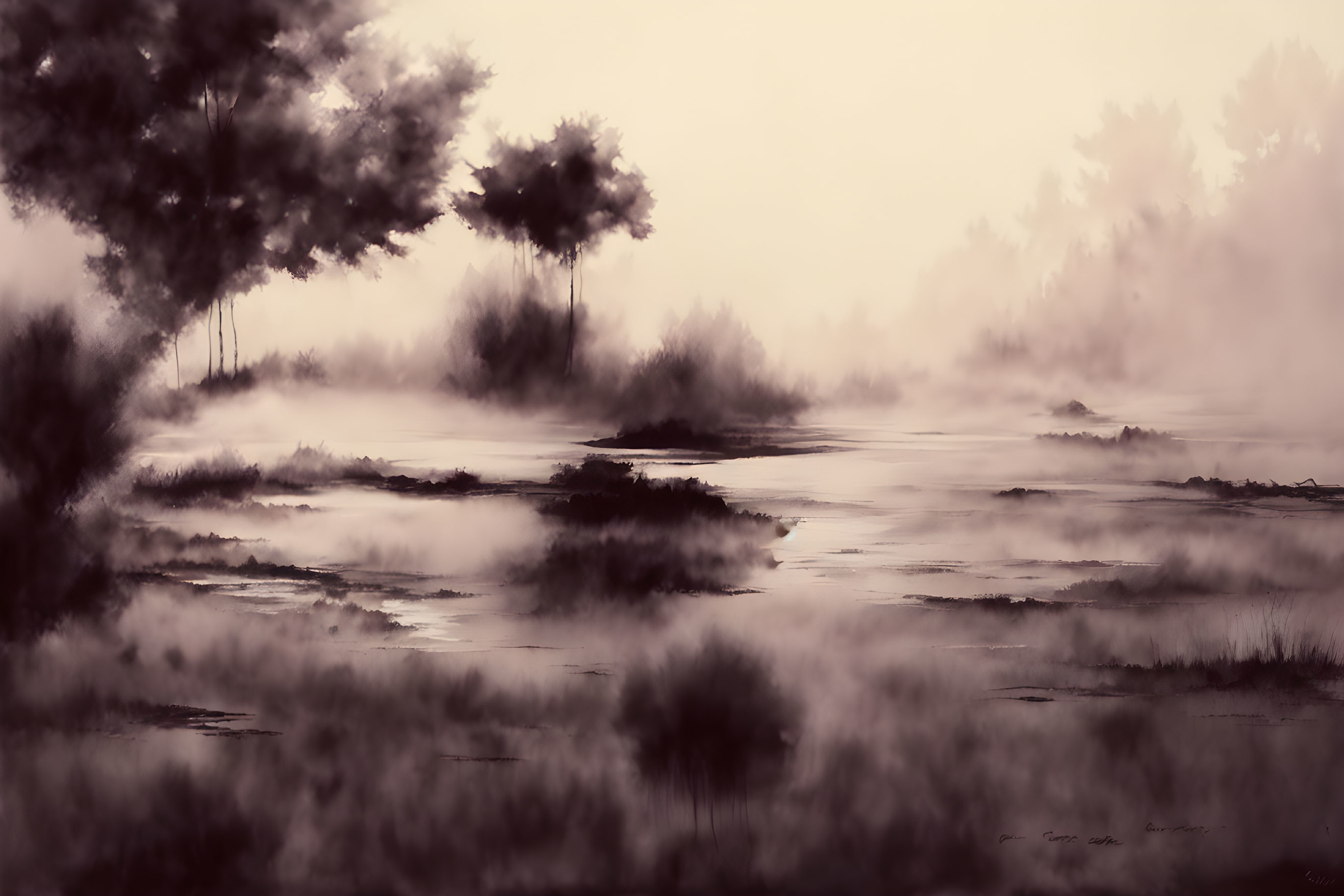 Misty sepia-toned landscape with tree silhouettes and reflective water