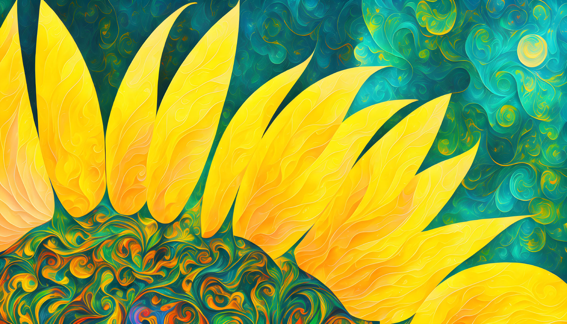 Colorful Sunflower Artwork with Swirling Patterns on Teal Background