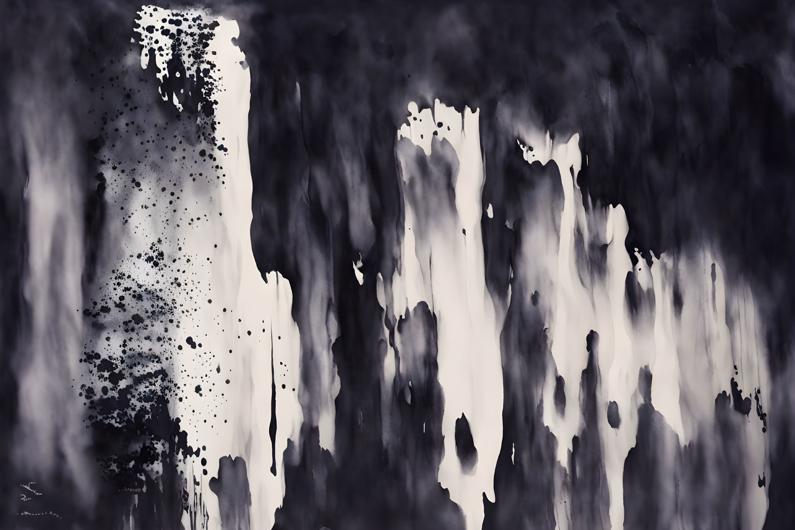 Monochrome abstract painting with black and white streaks